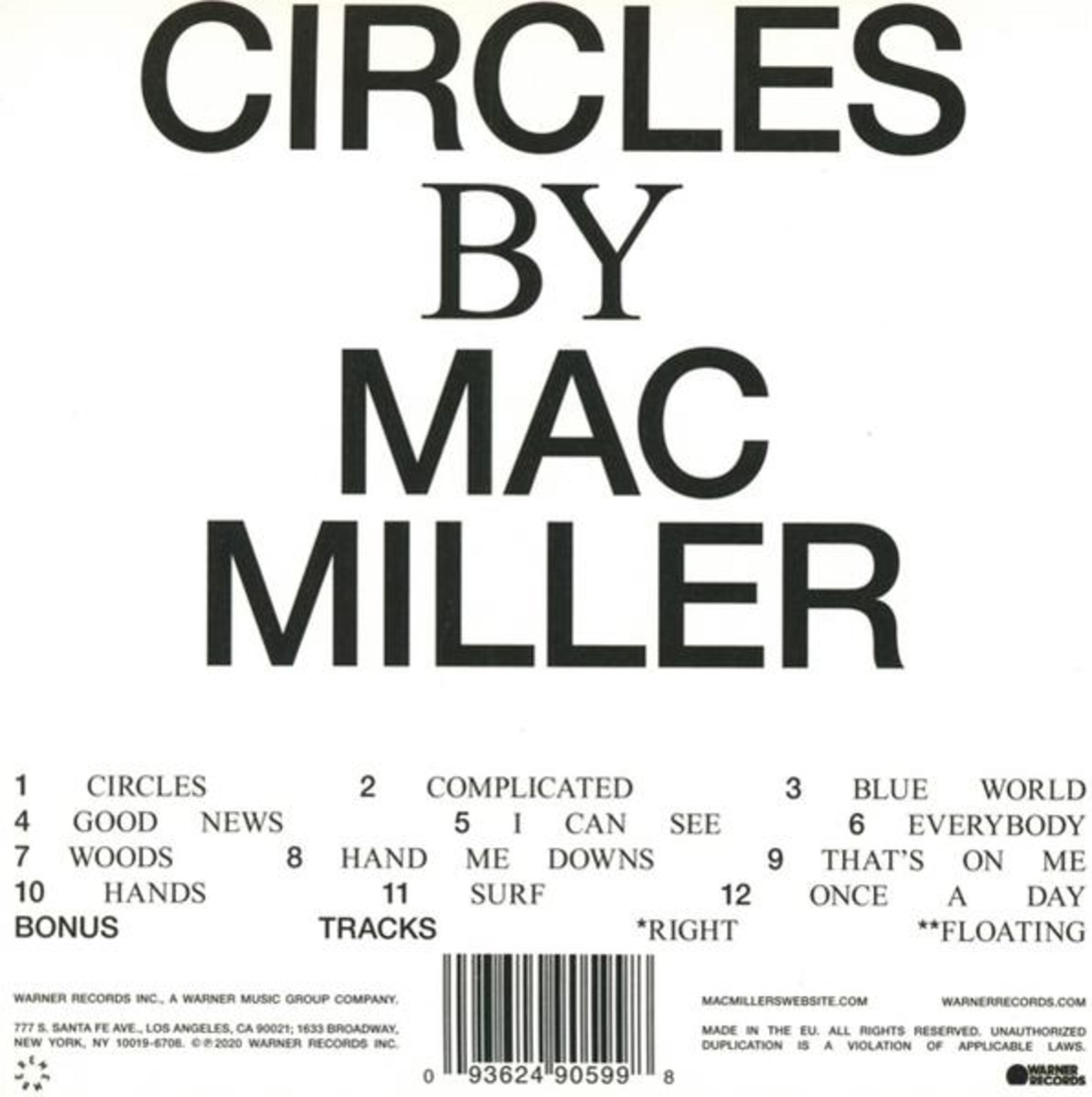 Copertina dell'album 'Circles' di Mac Miller. Testo bianco su sfondo nero, con elenco tracce.