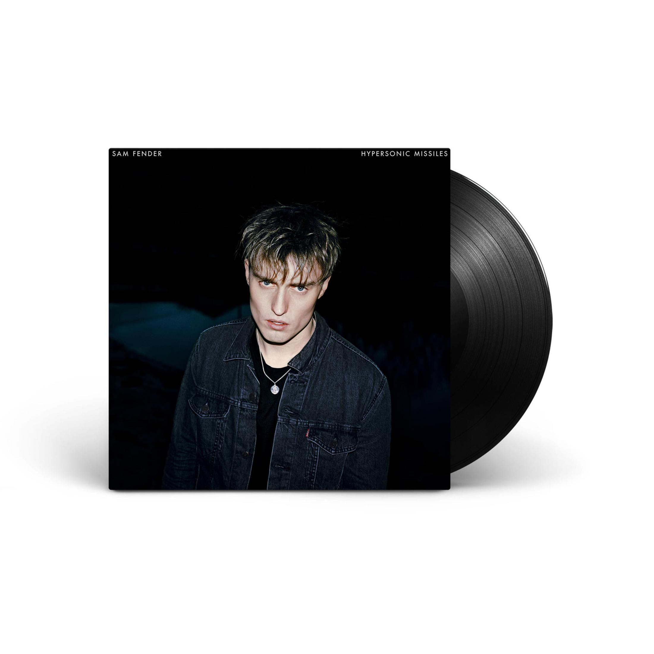 Pochette d'album avec Sam Fender et le texte 'Hypersonic Missiles' et un disque vinyle.