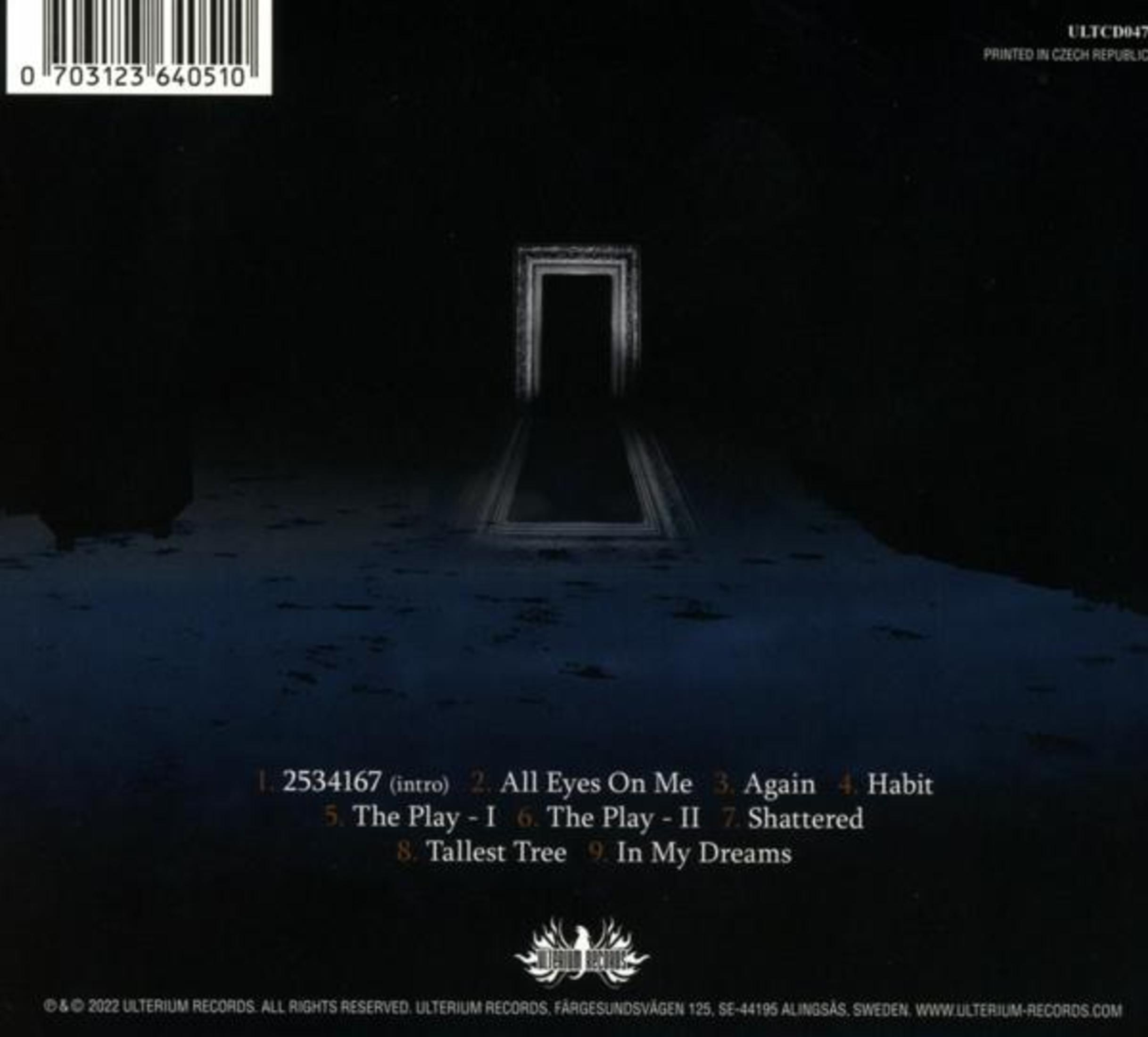 Achterkant album met tracklist in witte tekst op donkerblauwe achtergrond.