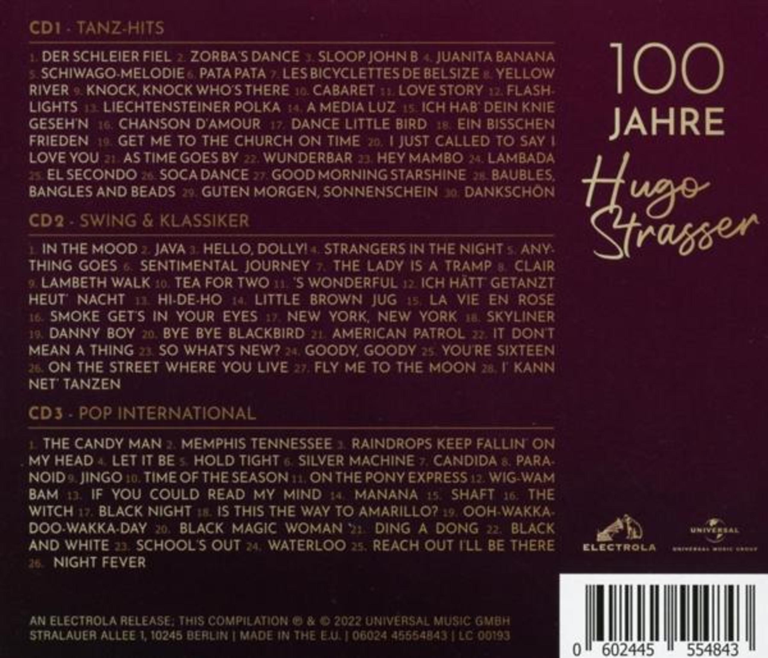 Rückseite einer Musik-CD mit Songlisten, '100 Jahre Hugo Strasser', Barcode und Logos auf dunklem Hintergrund.