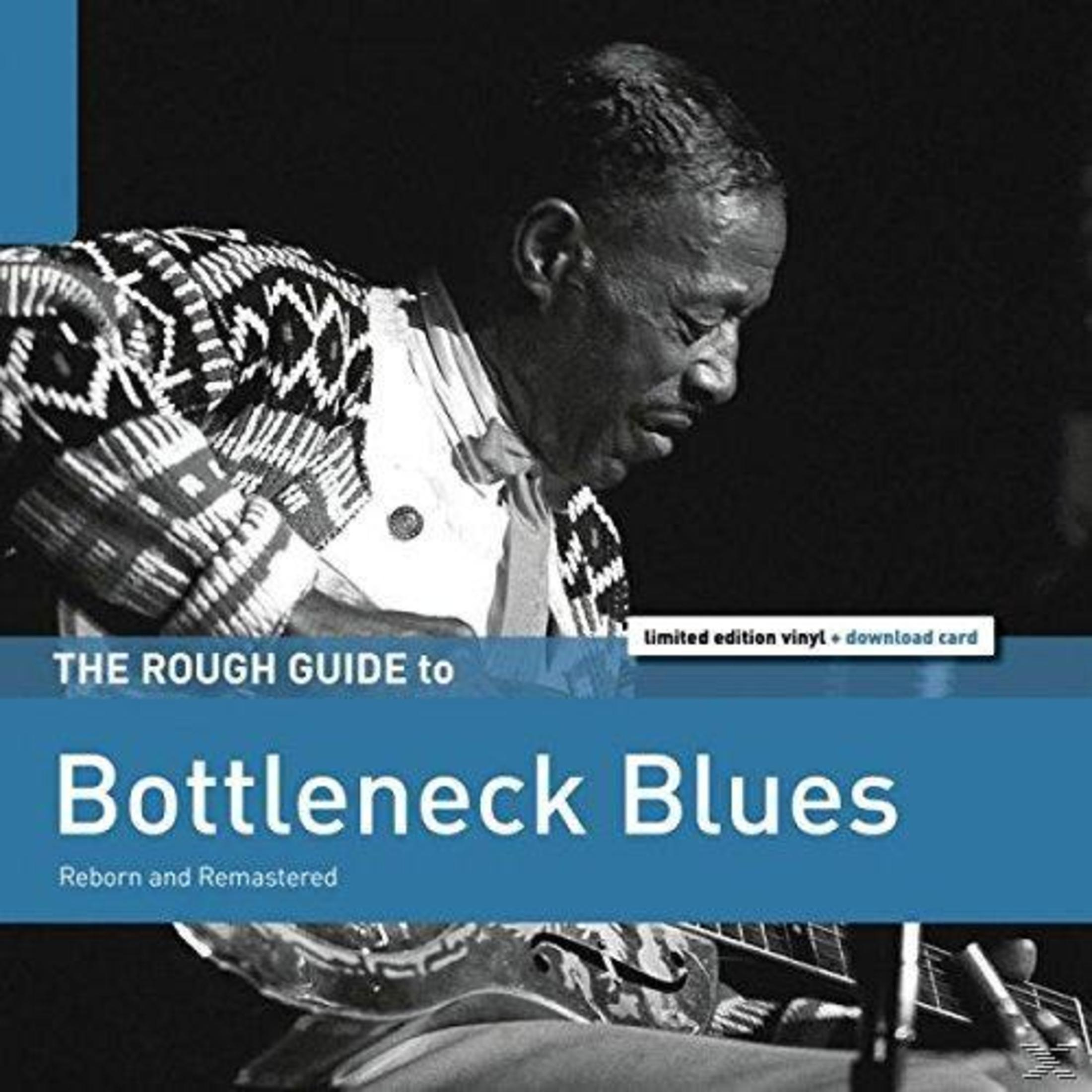 Album cover of a man with a guitar, blue text 'The Rough Guide to' and 'Bottleneck Blues'.