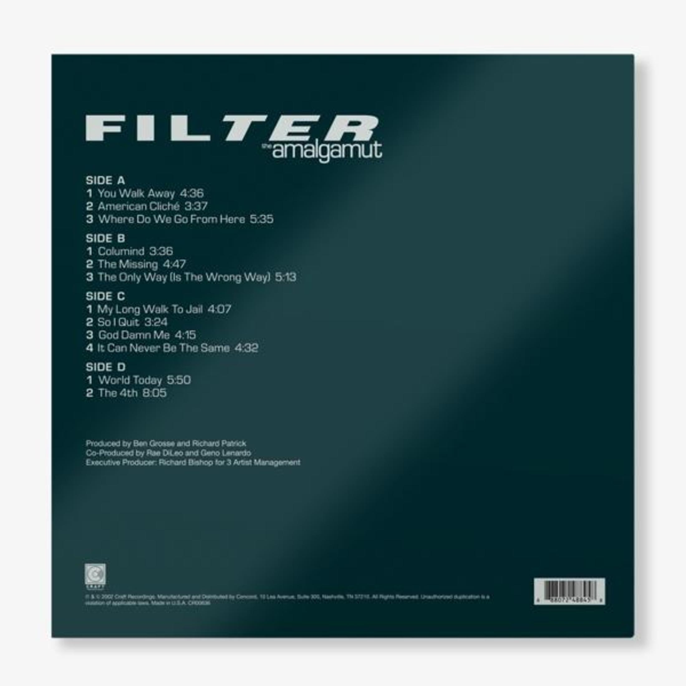 Album back cover with track listings for Filter's Amalgamut. The text is in white on a dark teal background.
