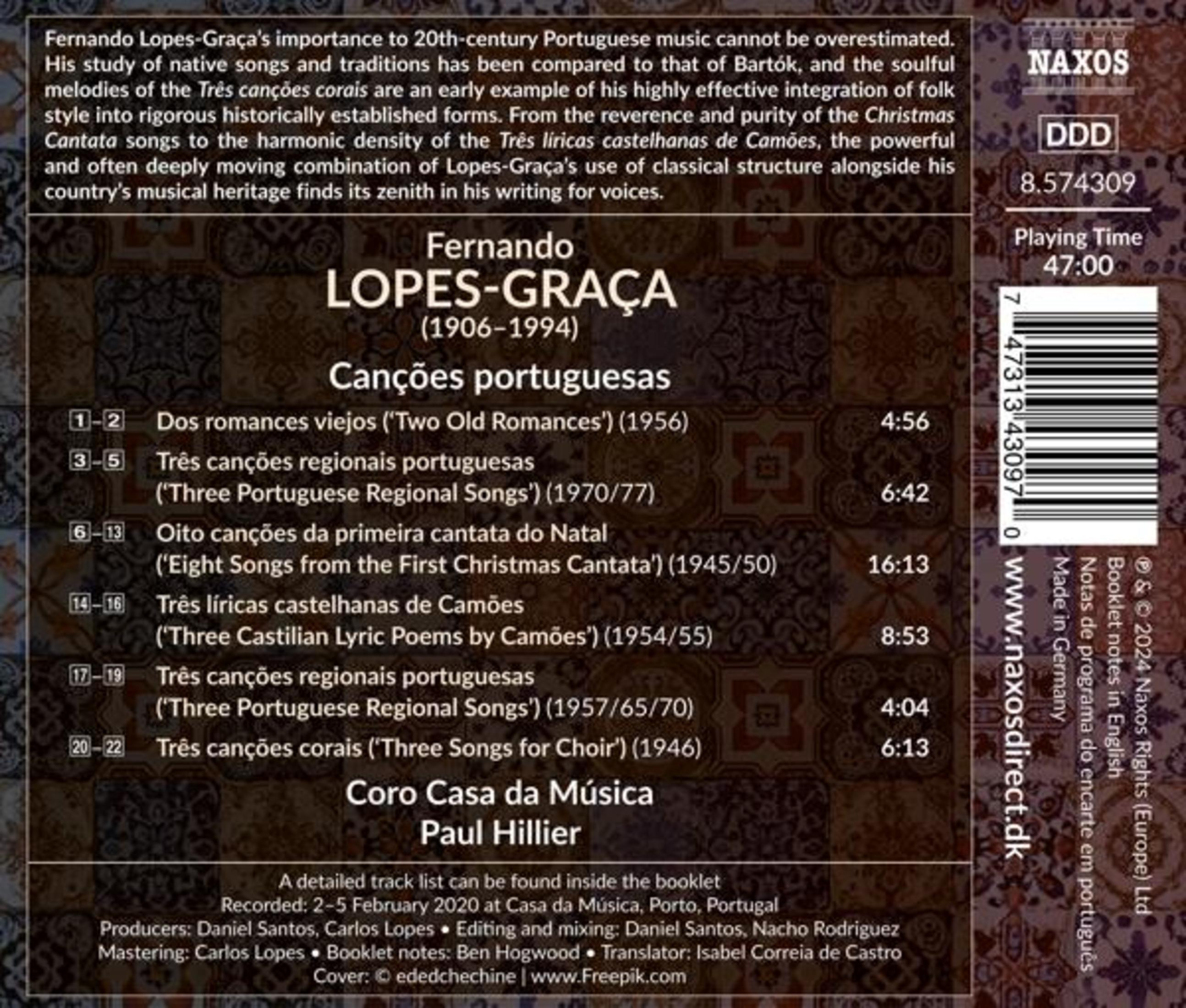 Copertina dell'album con testo in portoghese. Elenca i titoli delle canzoni e i crediti su uno sfondo bianco.