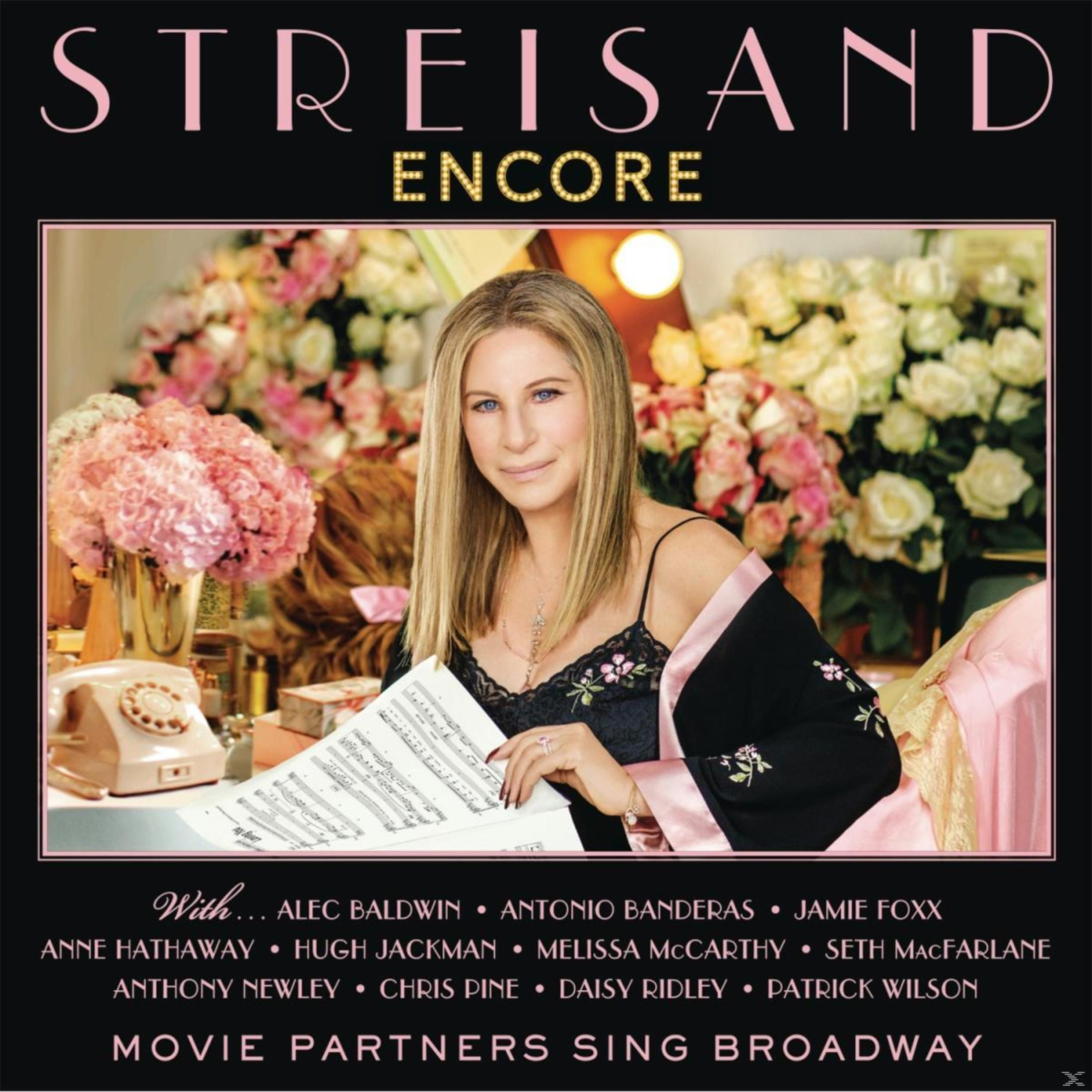 Pochette d'album: Barbra Streisand dans un cadre floral, vêtue de noir. Texte "STREISAND ENCORE".