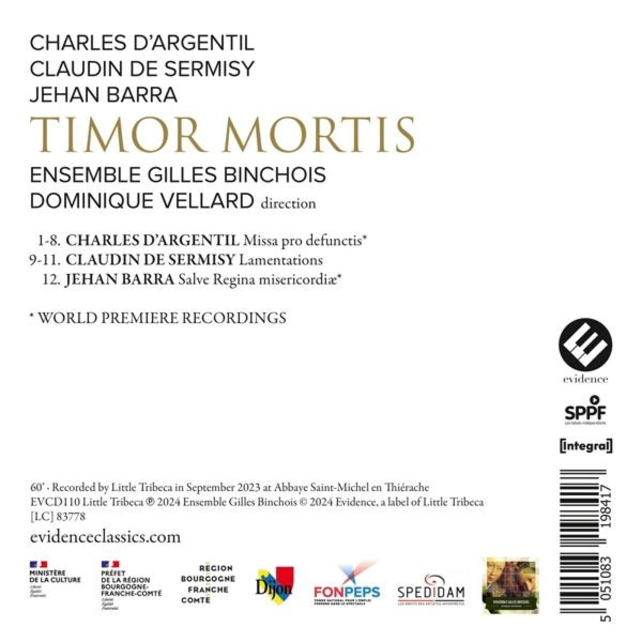 Copertina dell'album con testo. Titolo: Timor Mortis, di Ensemble Gilles Binchois. Etichette e loghi presenti.