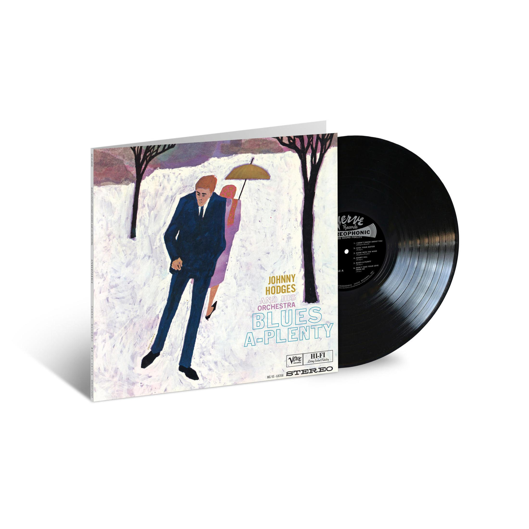 Copertina dell'album con un disco in vinile nero. Titolo: Blues A-Plenty di Johnny Hodges. Illustrazione di una coppia nella neve.