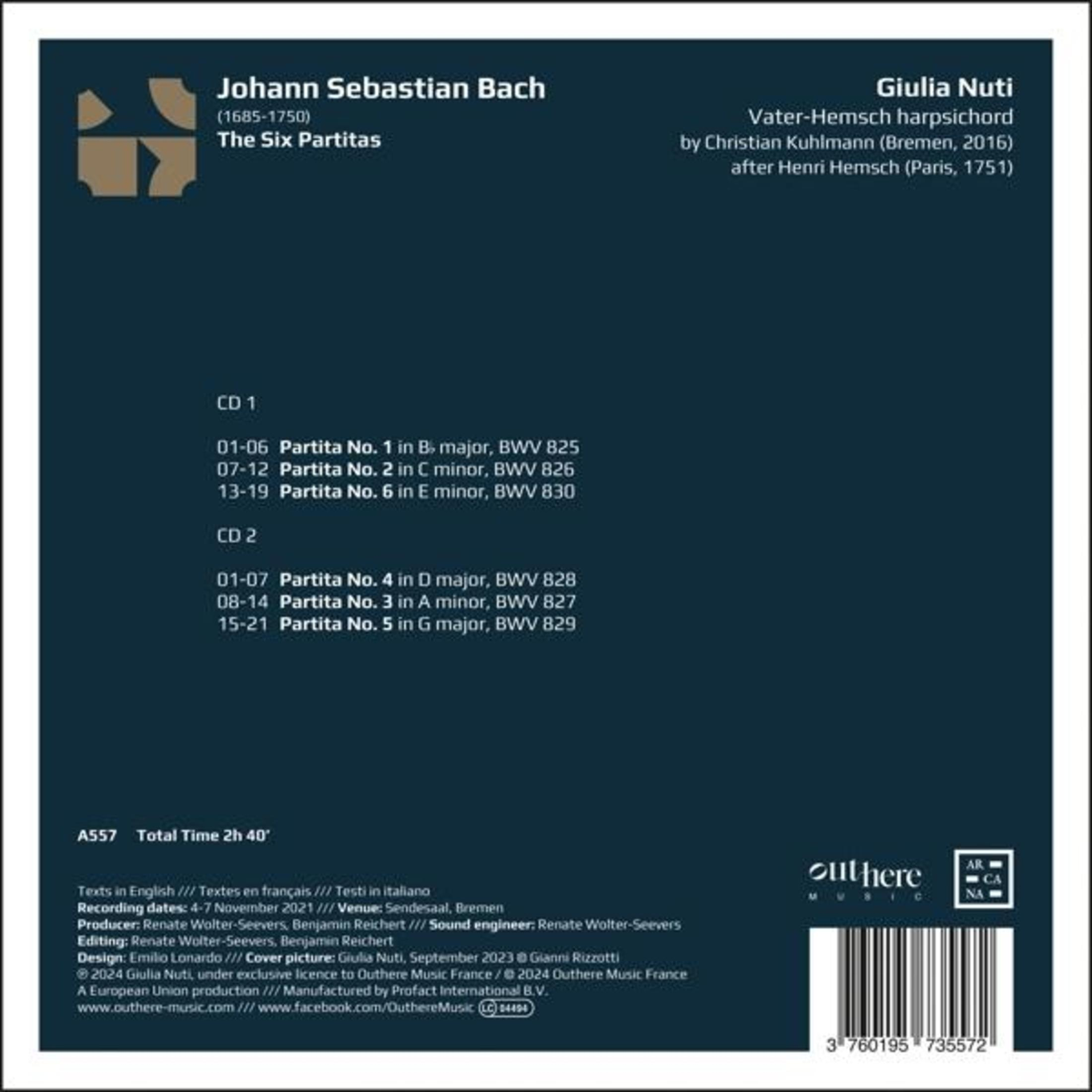 Copertina dell'album con testo su Johann Sebastian Bach, The Six Partitas e tracklist.