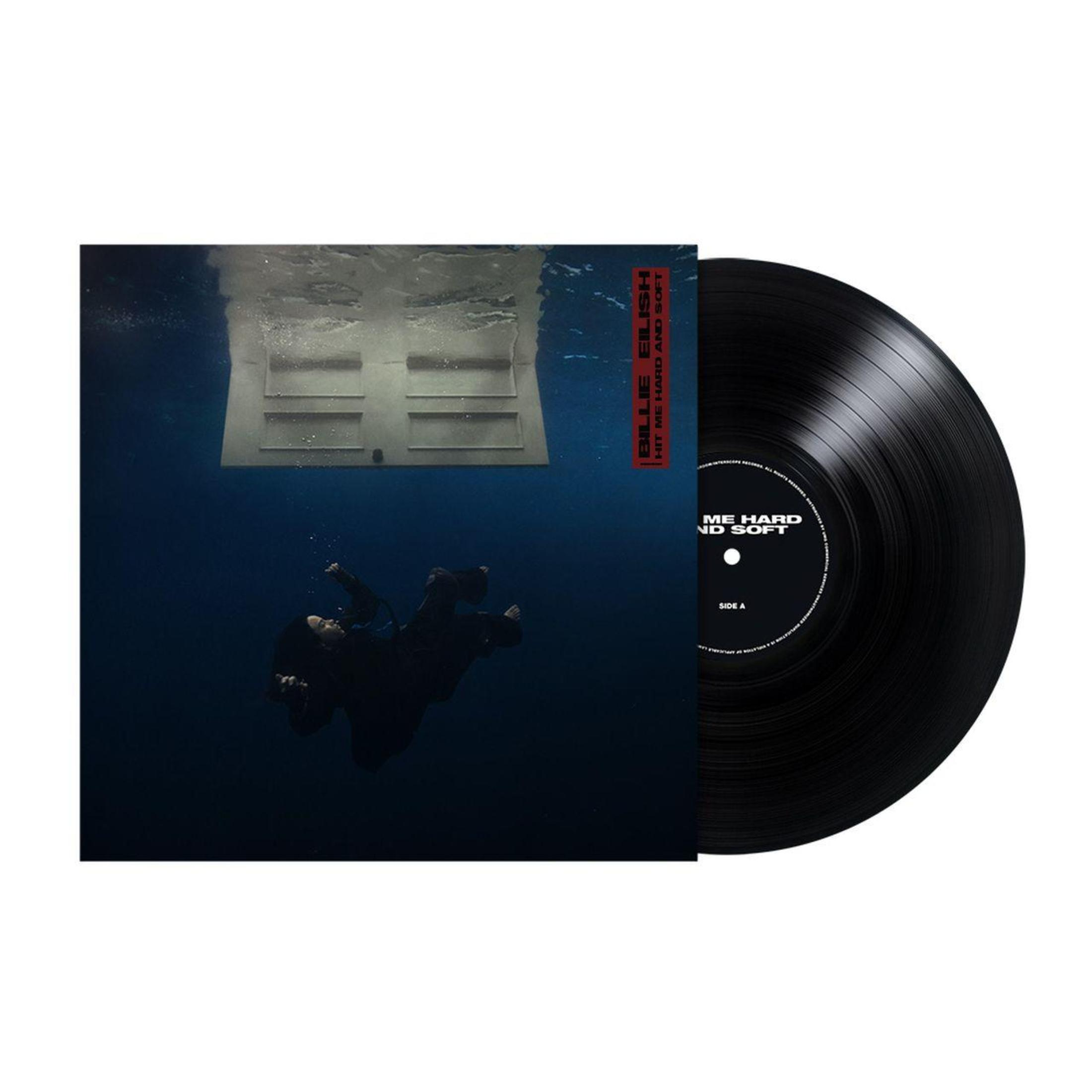 Een vinylplaat onder water, met een vrouw en een deur in het bovenste deel.