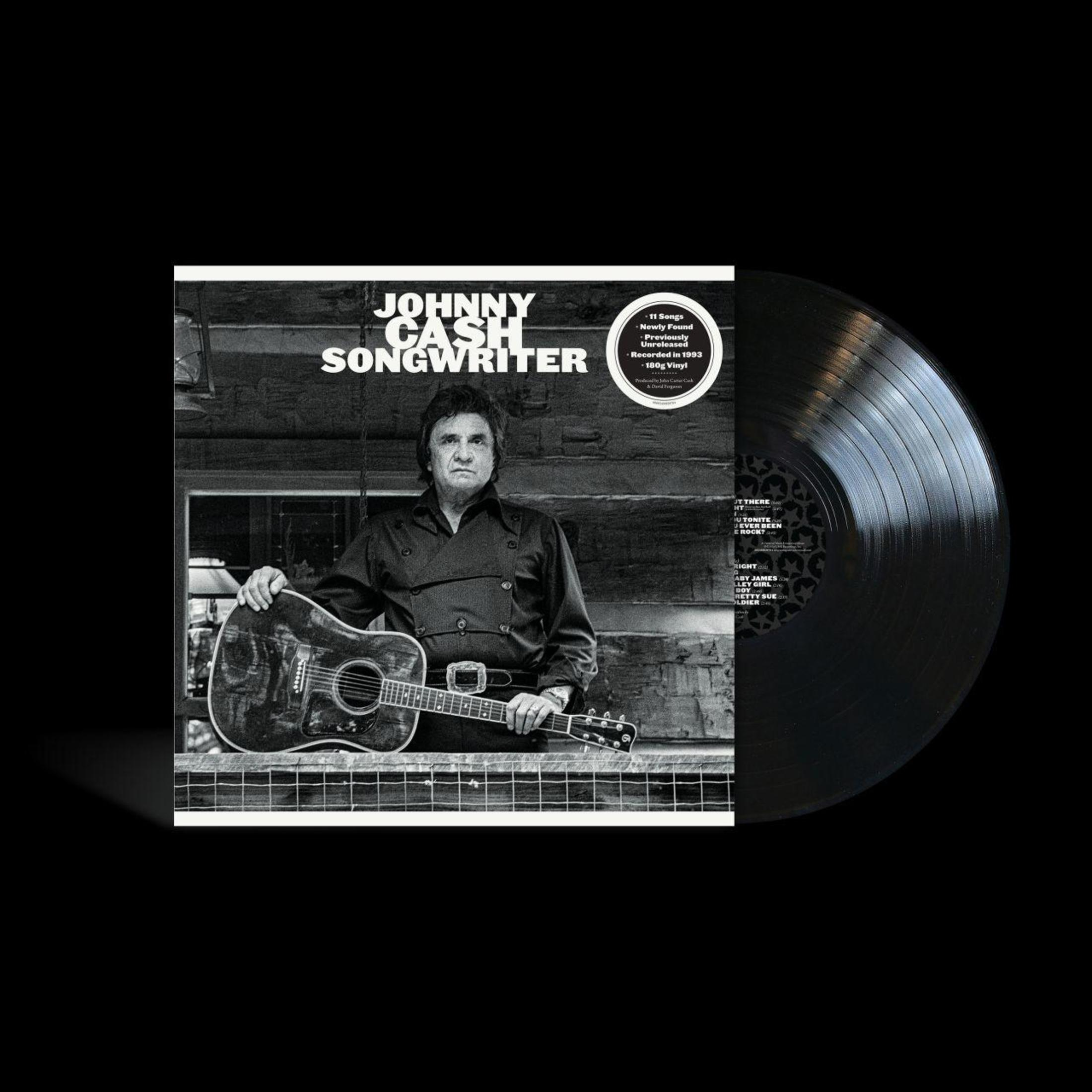 Pochette d'album : Johnny Cash tenant une guitare, titre 'Songwriter', avec un disque vinyle.
