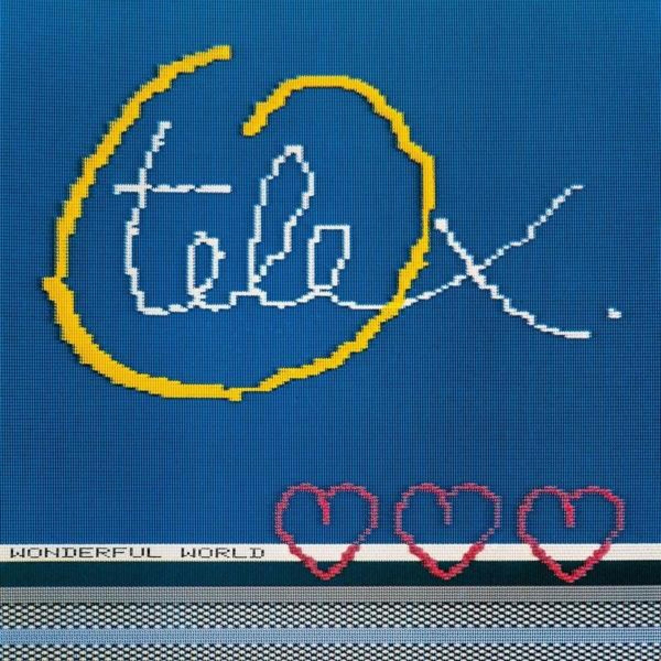 Fond bleu avec texte. Un cercle jaune avec le texte blanc 'telex'. En dessous, trois cœurs.