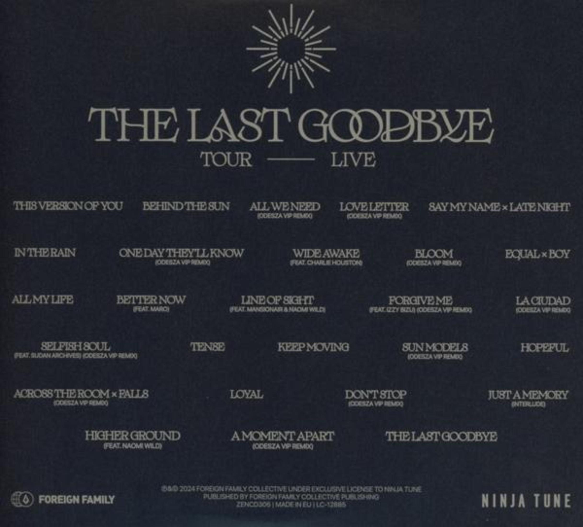 Copertina dell'album con tracklist: The Last Goodbye Tour Live. Include titoli delle canzoni e nomi degli artisti.