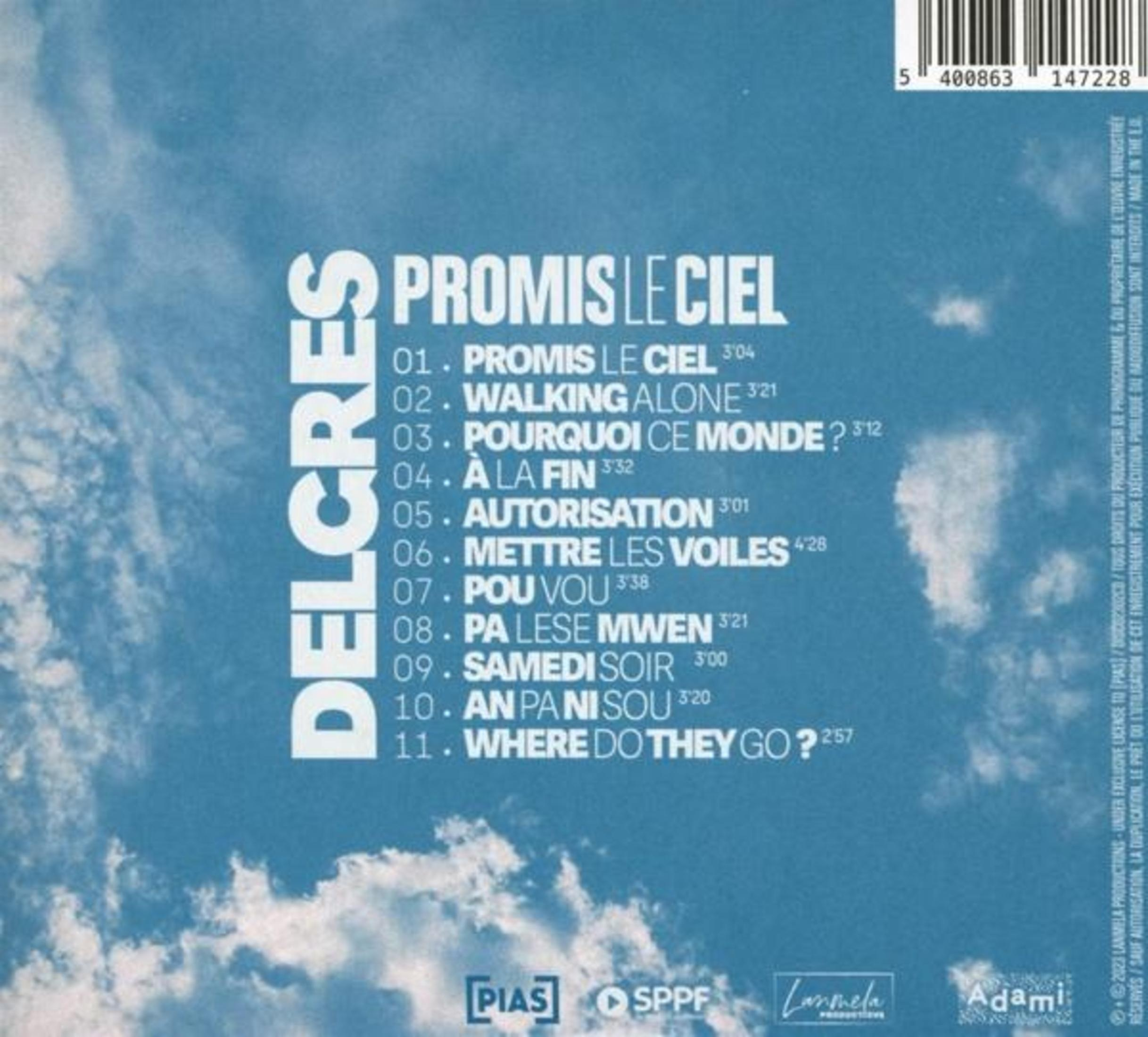 Copertina del CD con sfondo celeste e titoli delle canzoni. Il titolo è 'PROMIS LE CIEL'.