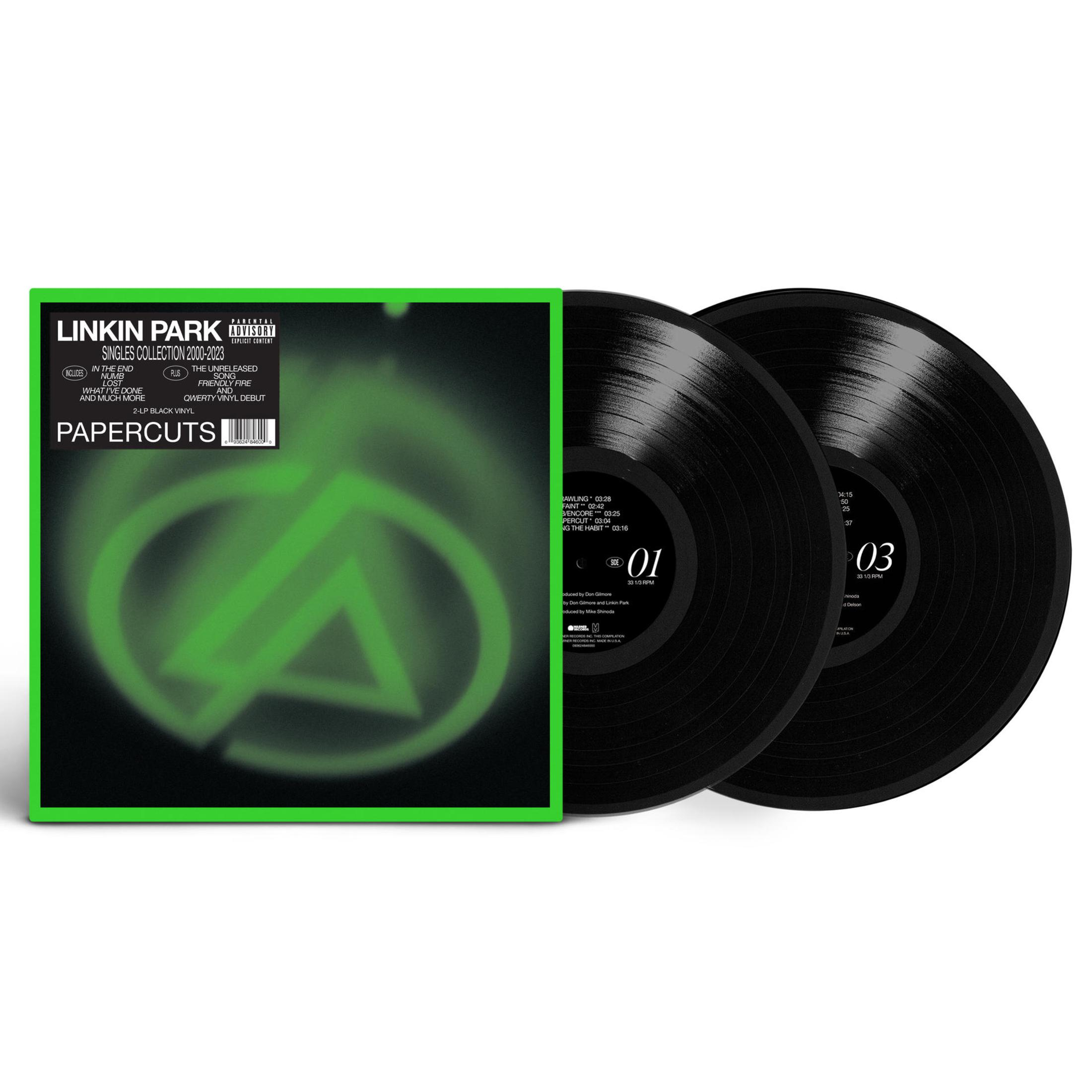 Copertina dell'album: Dischi in vinile verdi e neri in custodia, il titolo è 'Papercuts' dei Linkin Park.