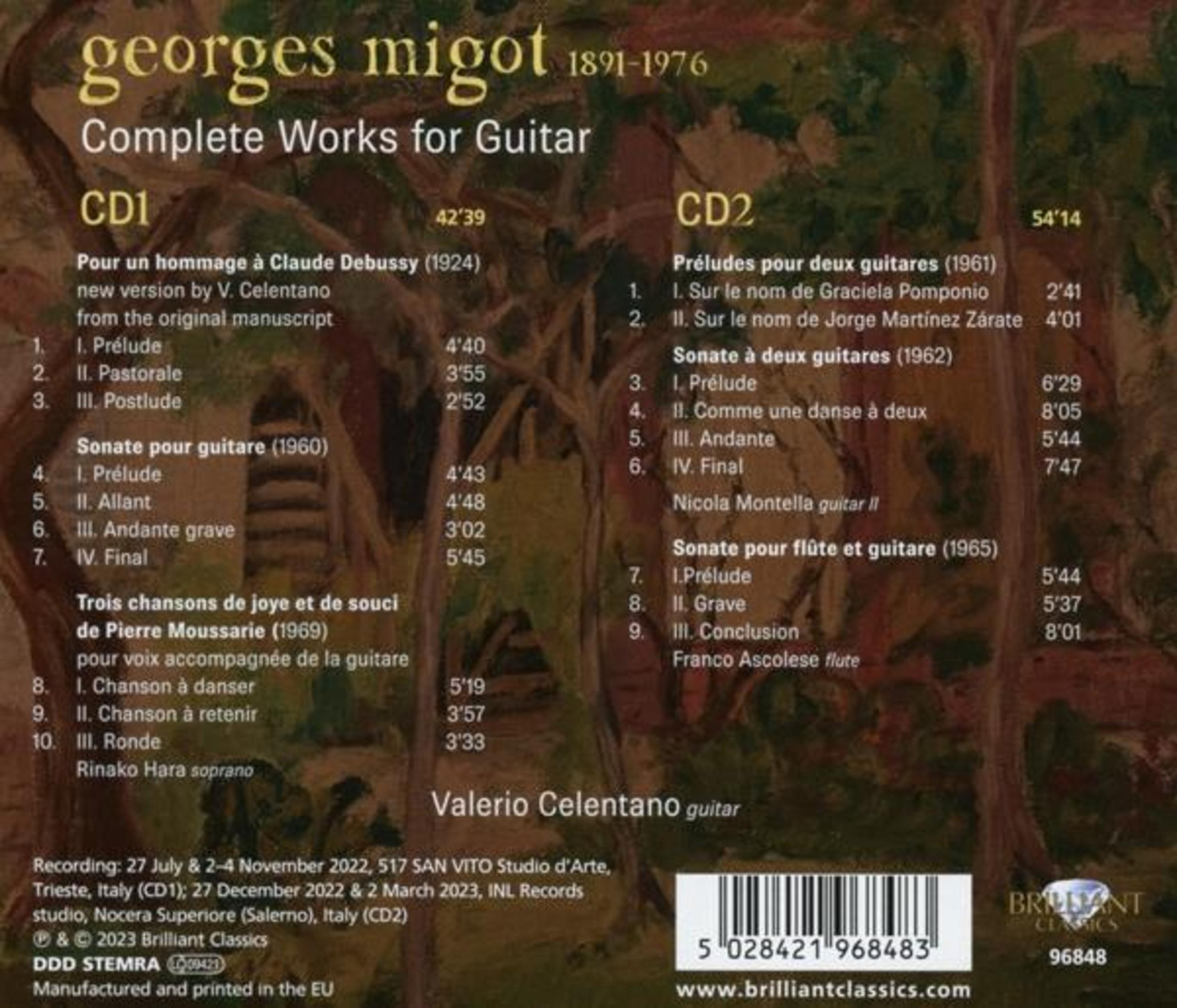Album back cover with text about Georges Migot's Complete Works for Guitar. CD1 and CD2.