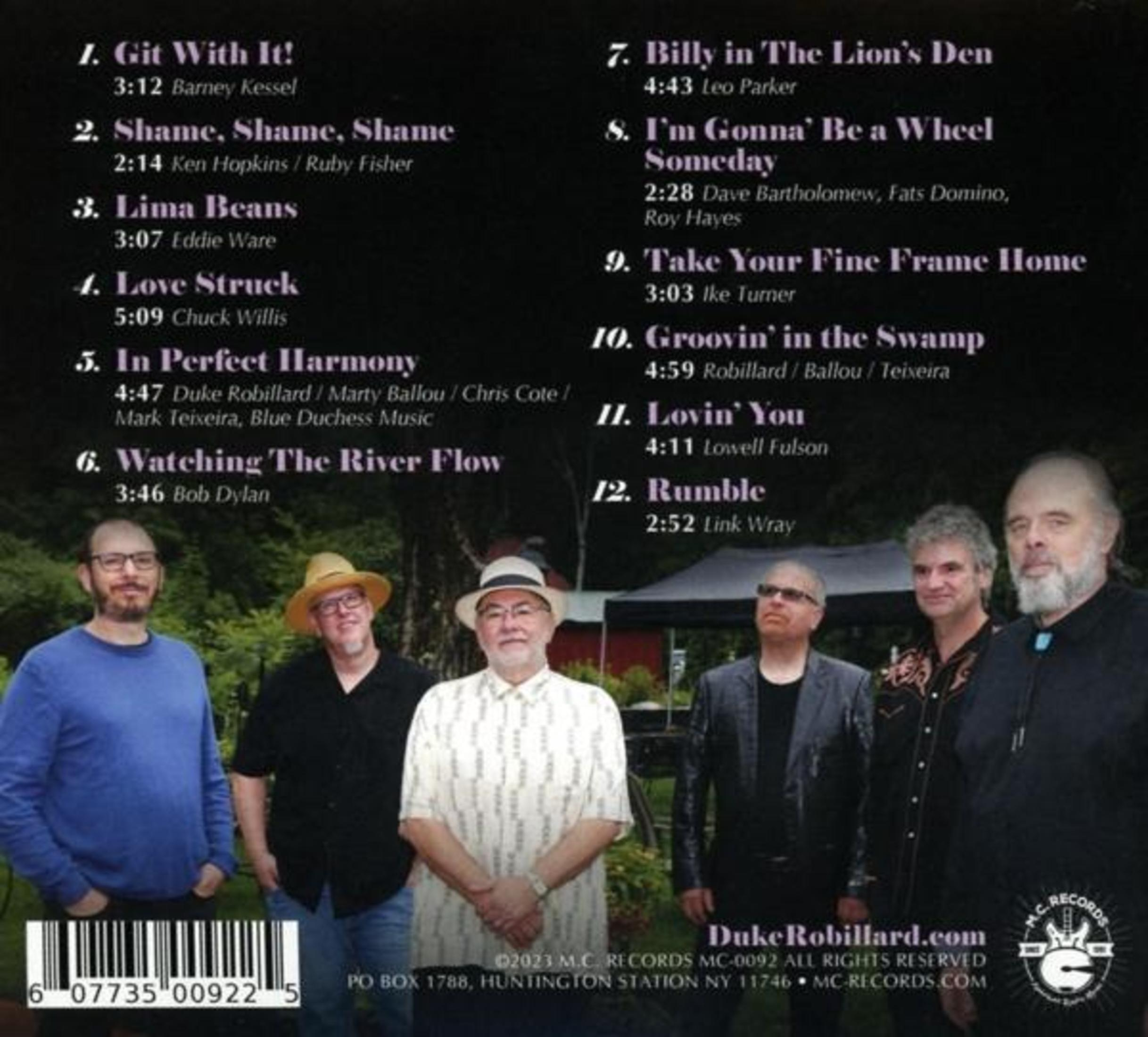 Album back cover with a group of men in casual clothes and music track list.