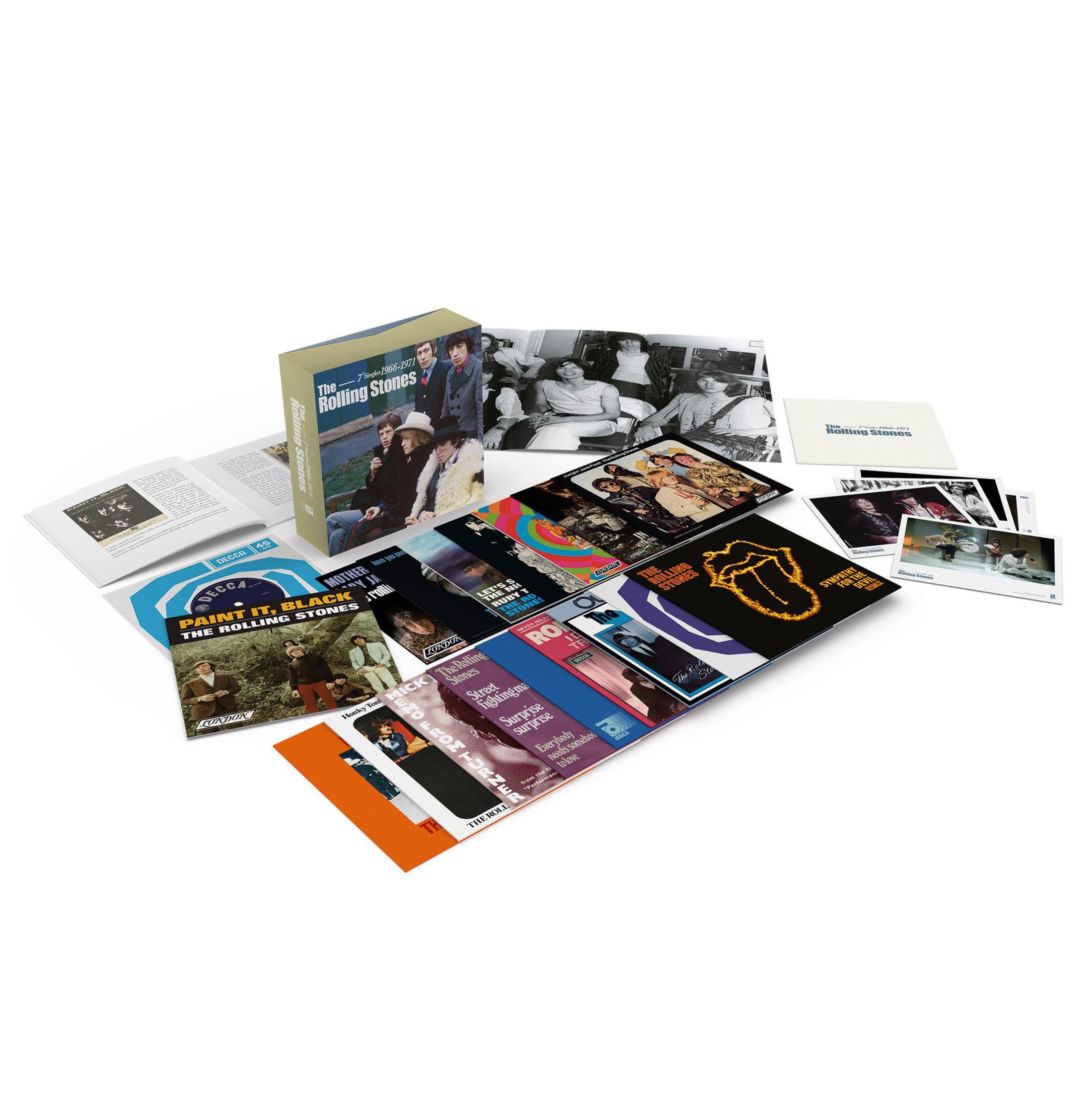 Caja recopilatoria de álbumes de los Rolling Stones con varias portadas e insertos.