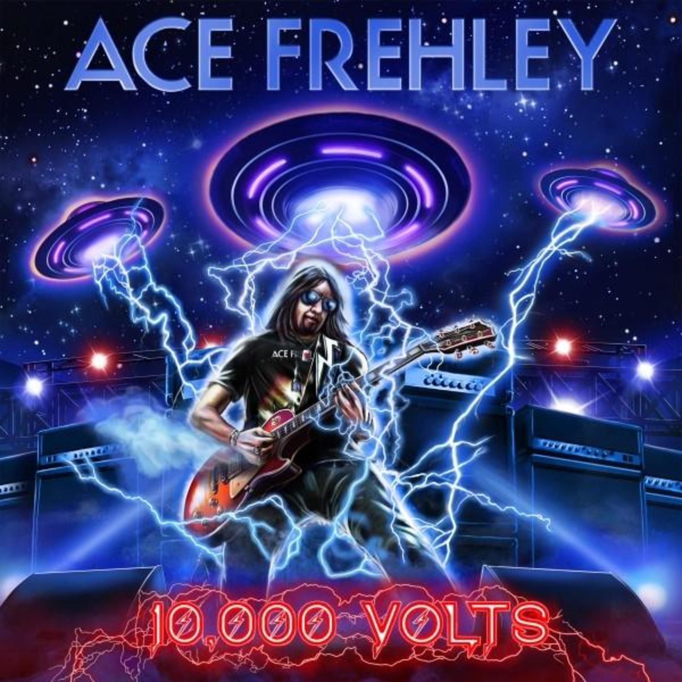 Pochette de l'album d'Ace Frehley, un homme jouant de la guitare avec des éclairs et des ovnis. Scène spatiale.