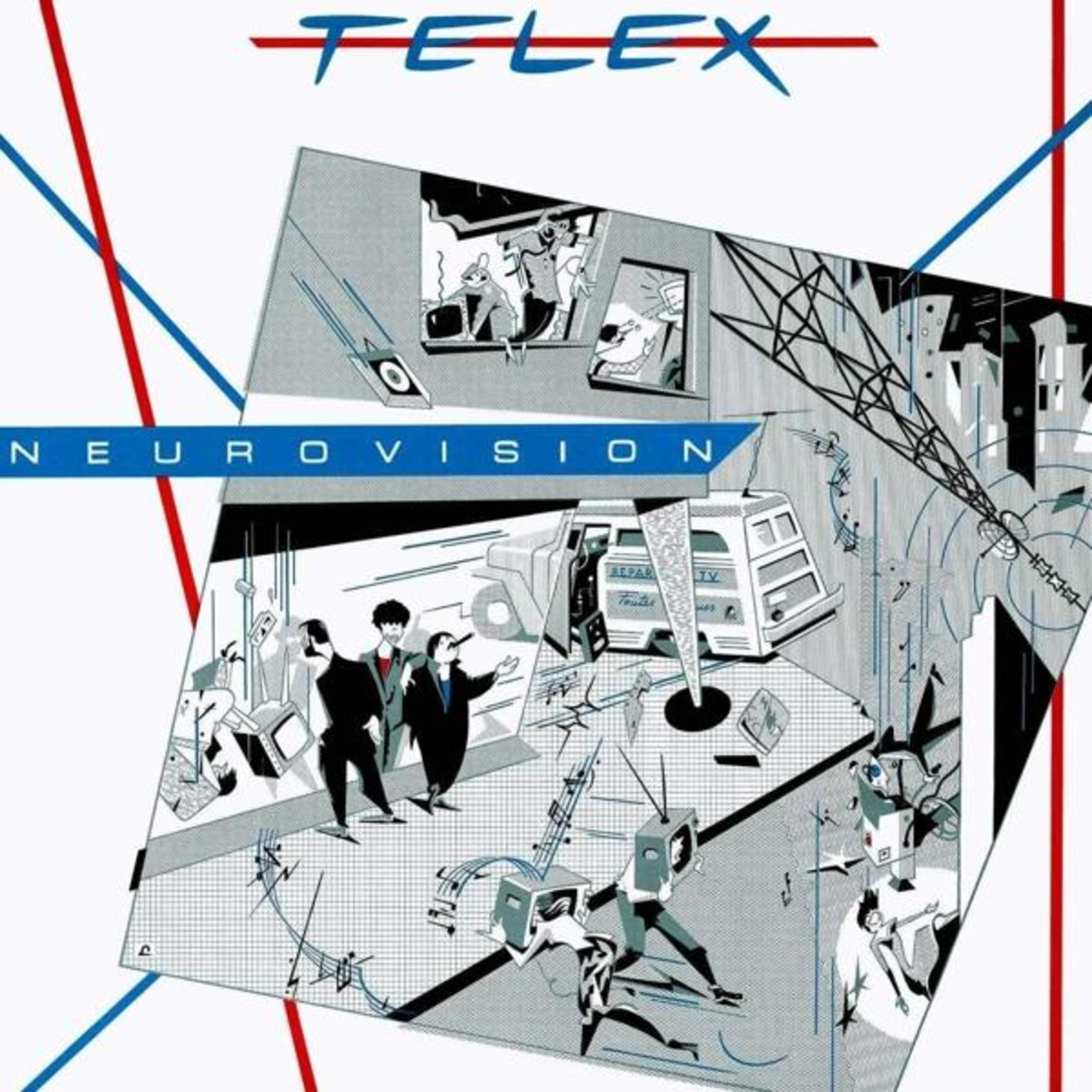 Copertina dell'album con un design futuristico, un edificio e persone con teste di TV.