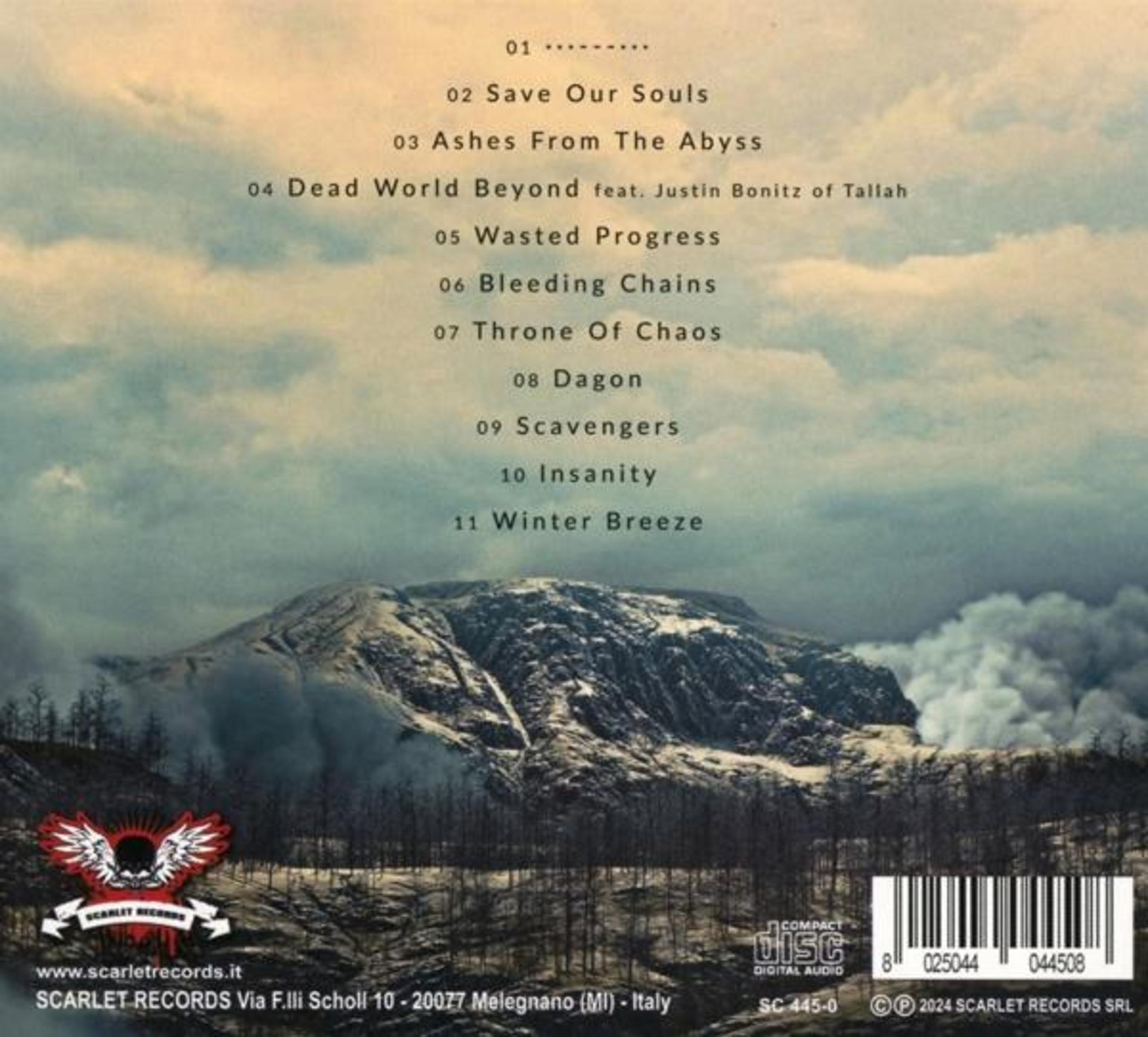 Copertina del CD con una scena di montagna e una tracklist, 'Save Our Souls', 'Ashes From the Abyss' e altri.