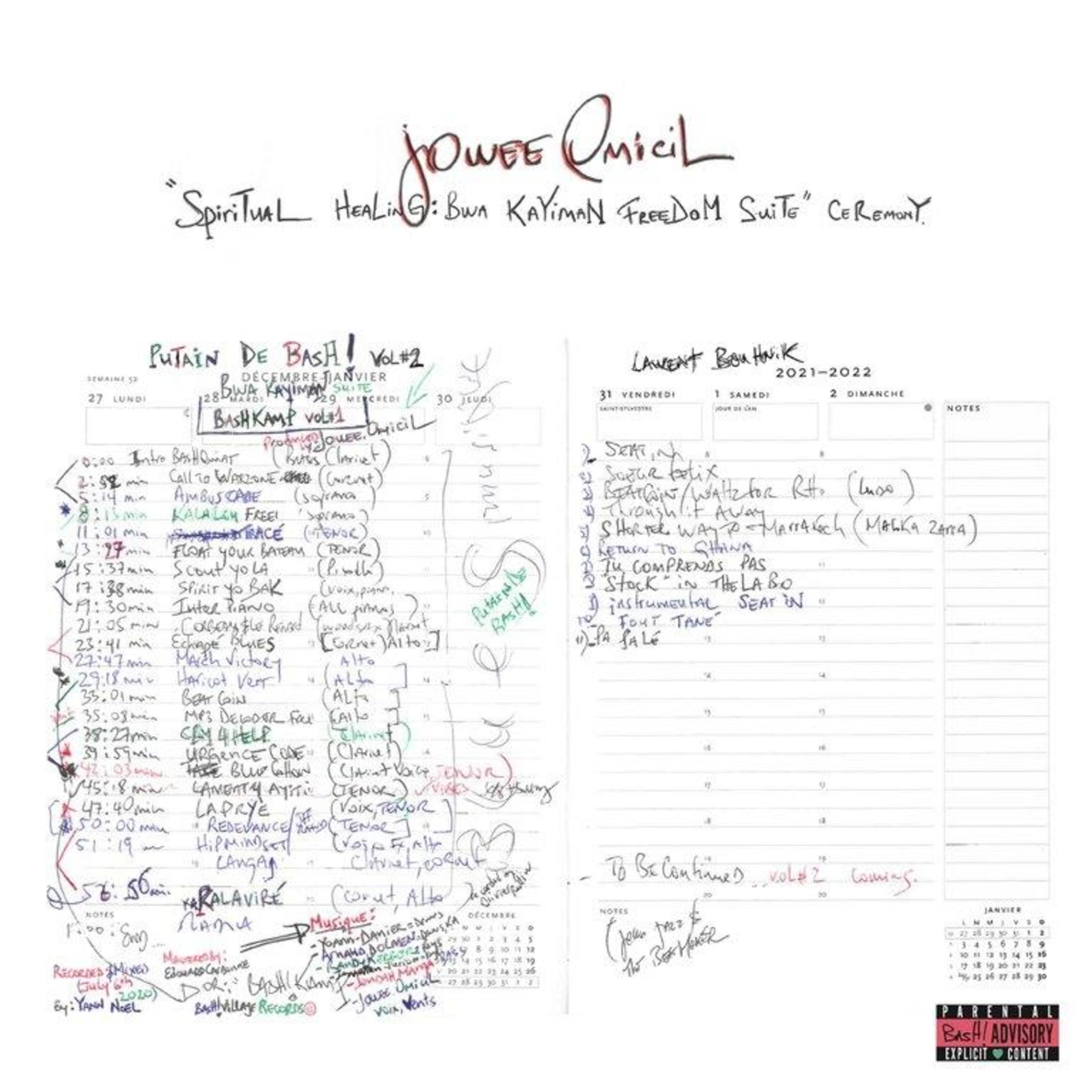 Un calendario con note, testo: "Spiritual Healing: Bwa Kayiman Freedom Suite". Testo e date scritte sopra.