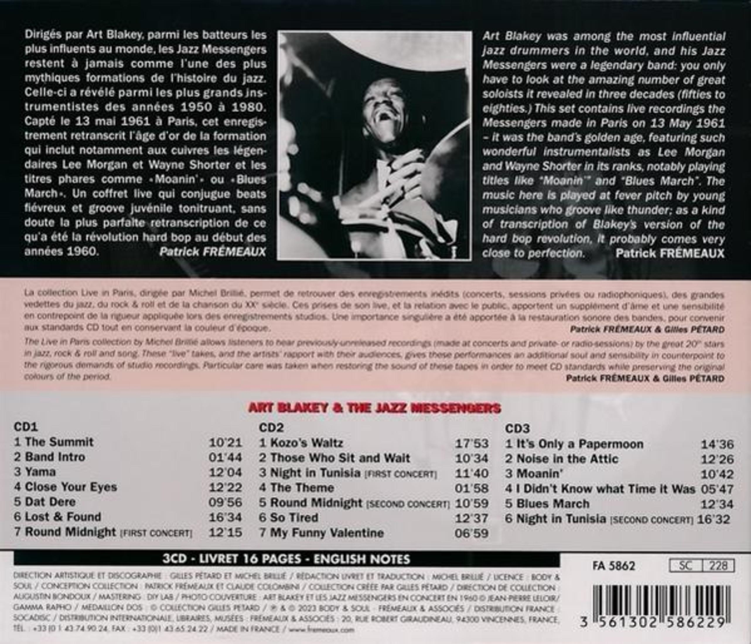 Retro di un CD con testo che descrive Art Blakey e i Jazz Messengers e la loro musica.