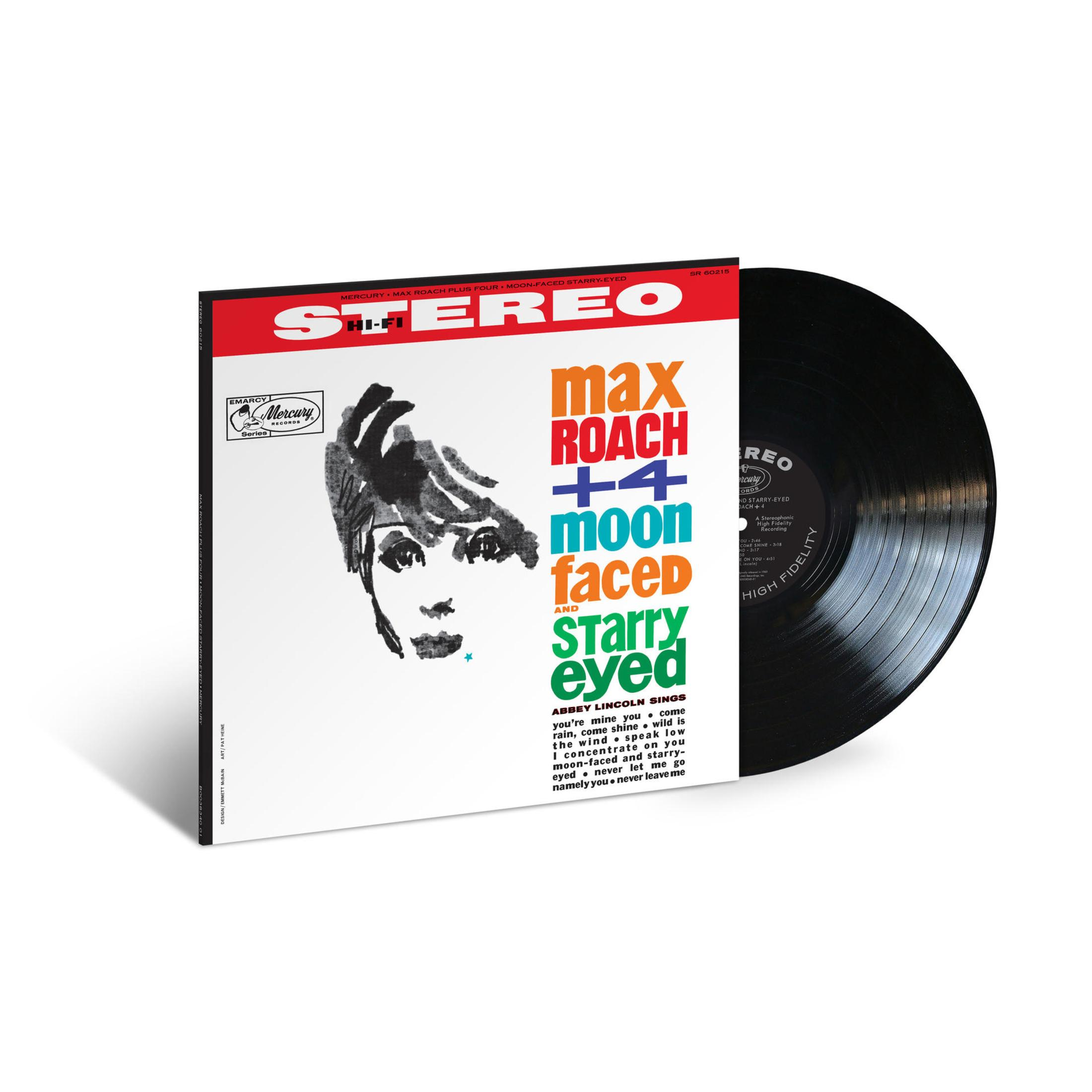 Copertina dell'album: Max Roach +4, vinile nero. Copertina bianca con disegno di donna. Testo rosso 'STEREO'.