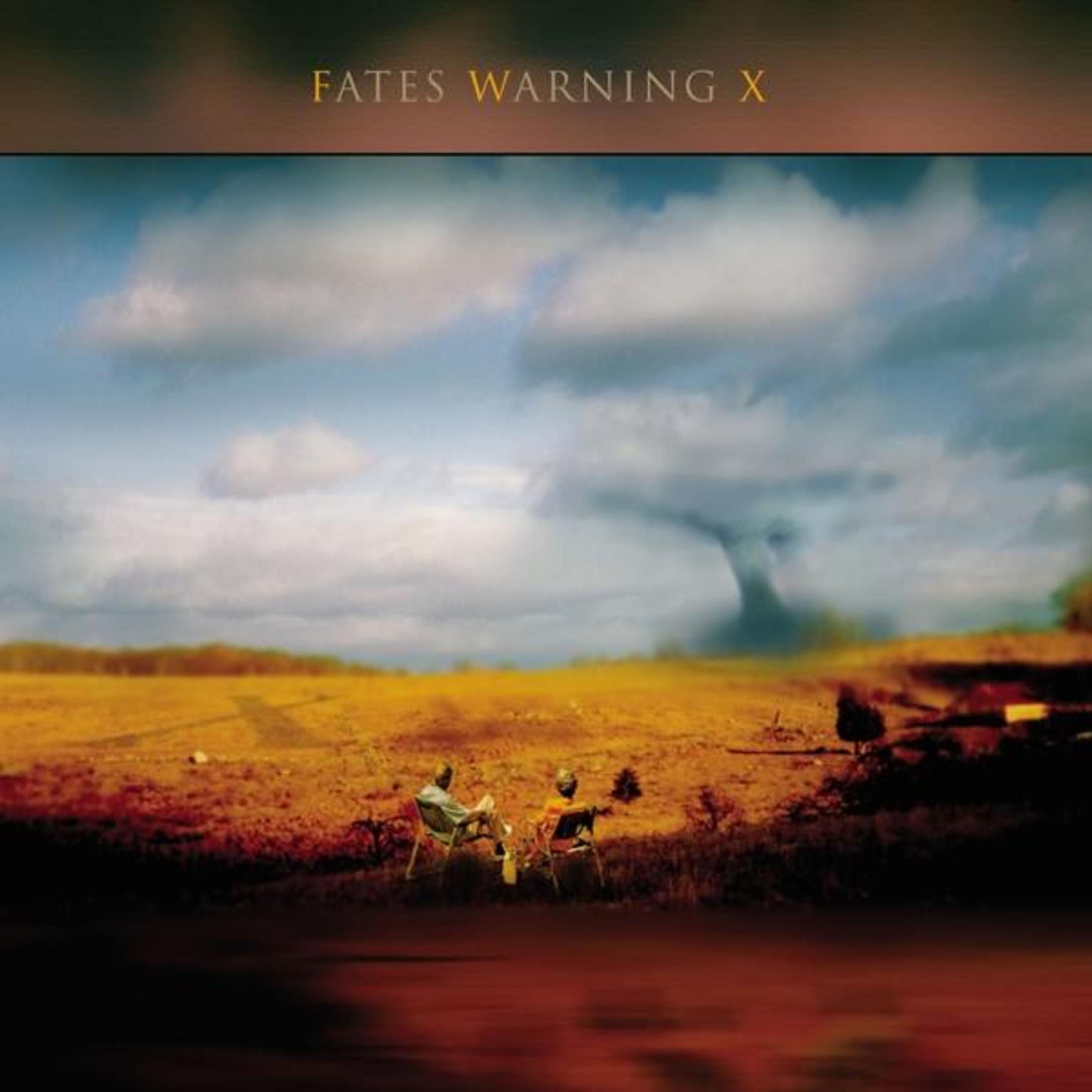 Copertina album: 'Fates Warning X'. Due persone su sedie, campo, cielo scuro, tornado.
