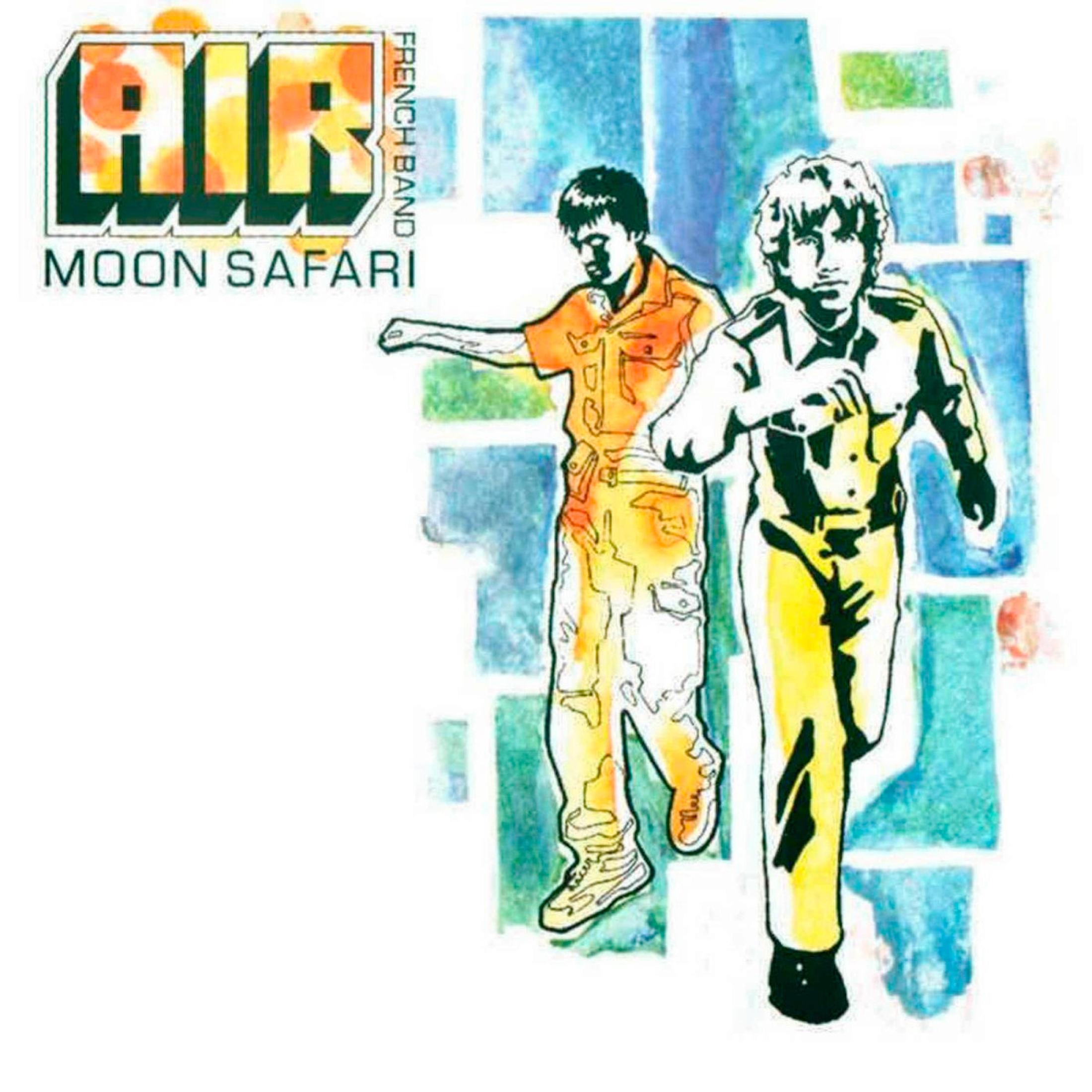 Albumhoes: Twee mannen die rennen, één in oranje, de ander in geel. Tekst: AIR, Moon Safari.