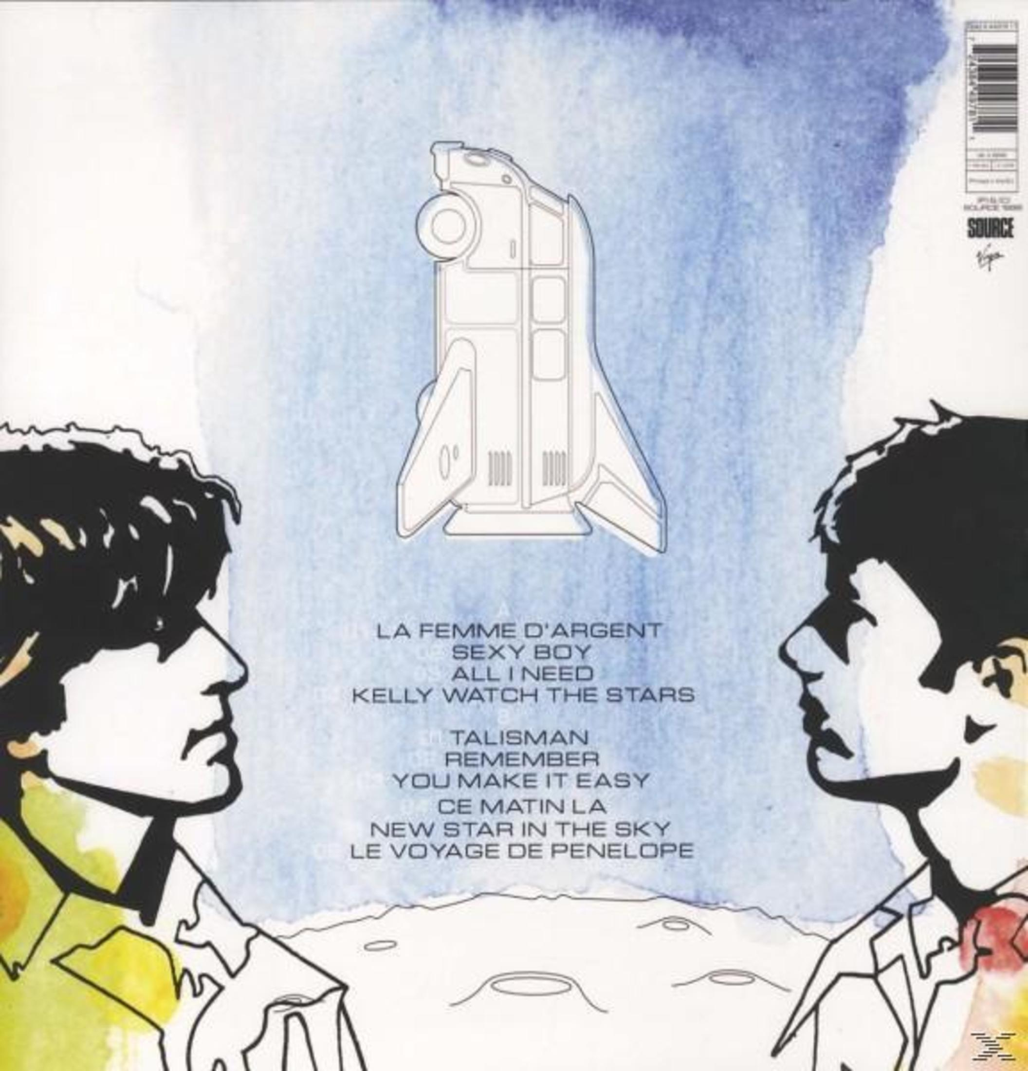 Albumhoes met twee profielen en een illustratie van een raket op een blauwe achtergrond.