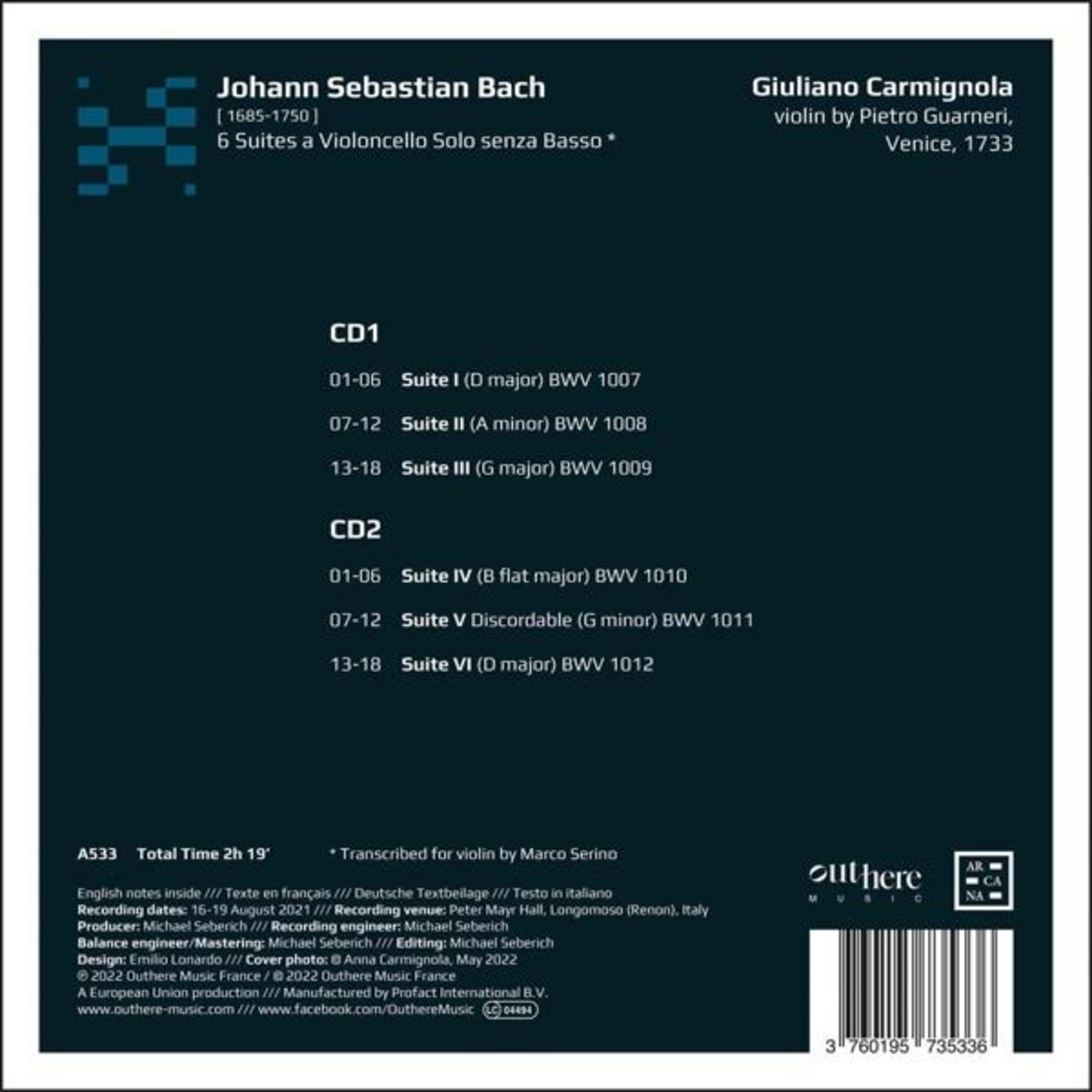 Copertina del CD con testo su Johann Sebastian Bach, tracklist e logo di un'etichetta discografica.