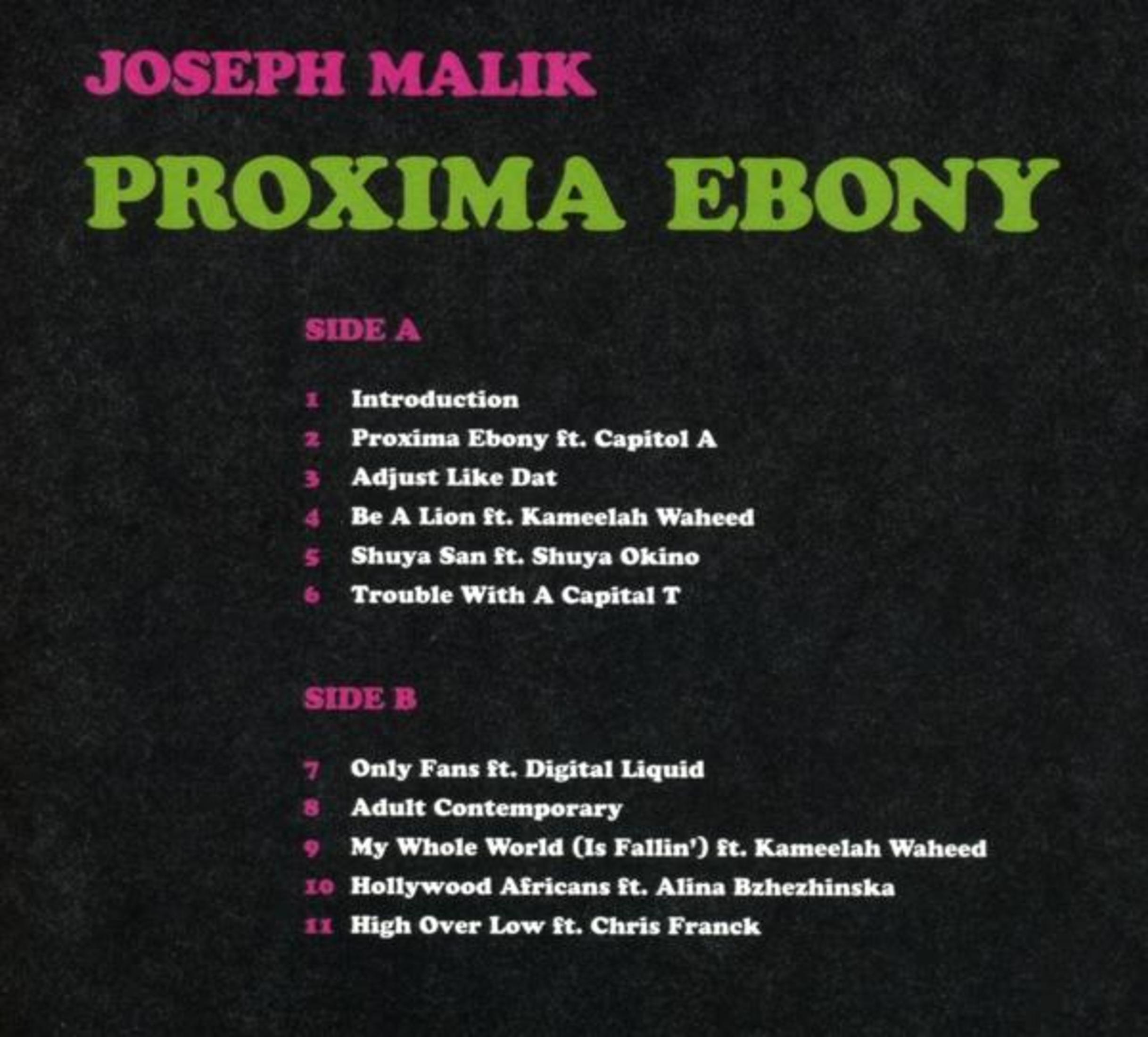 Album back cover with a tracklist titled 'Proxima Ebony'. Joseph Malik is the artist.