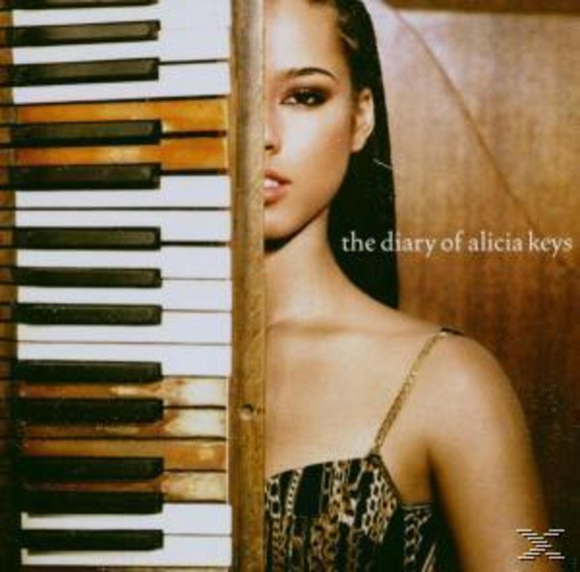 Pochette d'album avec Alicia Keys à côté d'un piano. Texte : the diary of alicia keys, sur un fond jaune et noir.