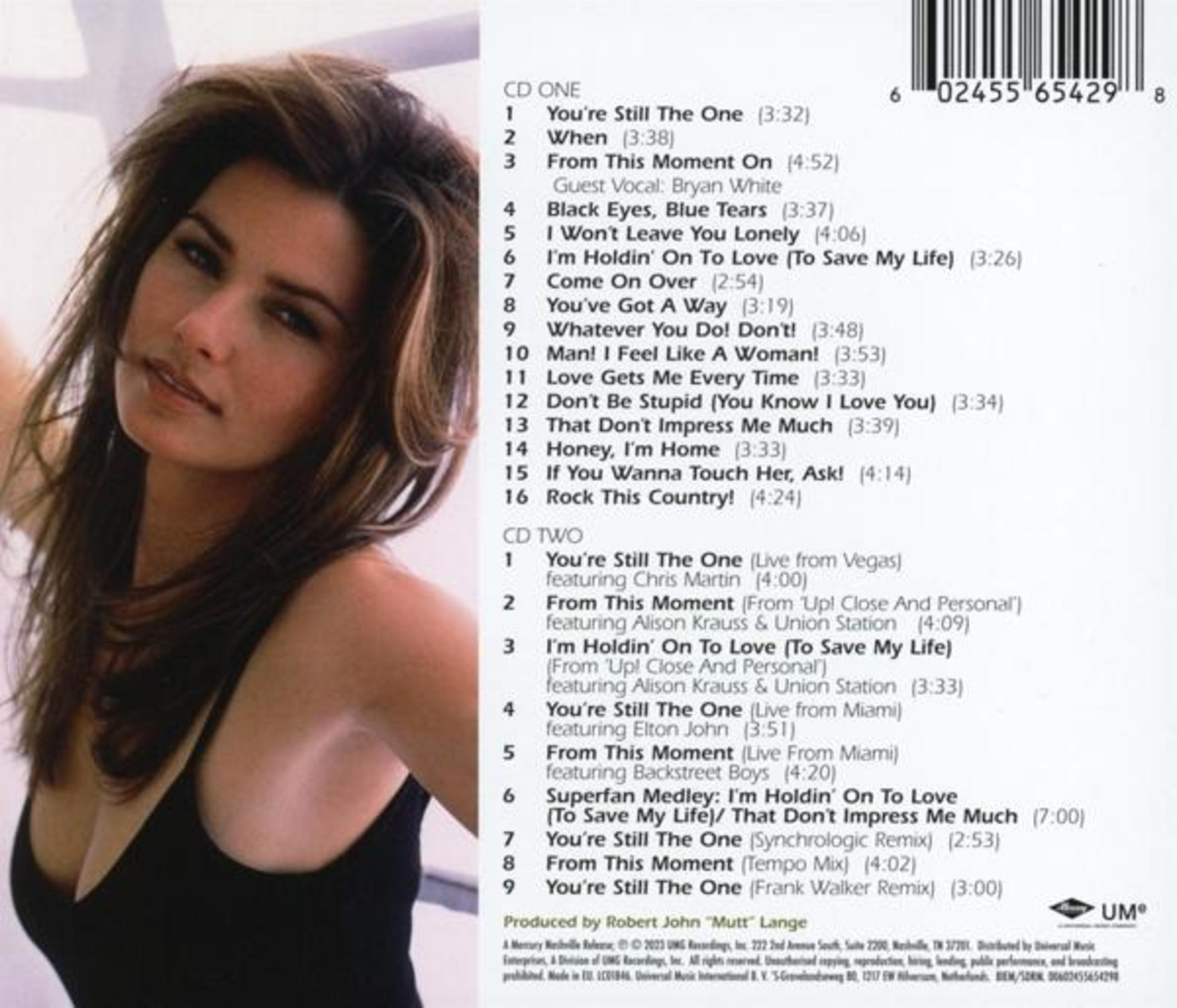 Pochette de l'album de Shania Twain. Shania en haut noir, regardant la caméra. Liste des titres visible.