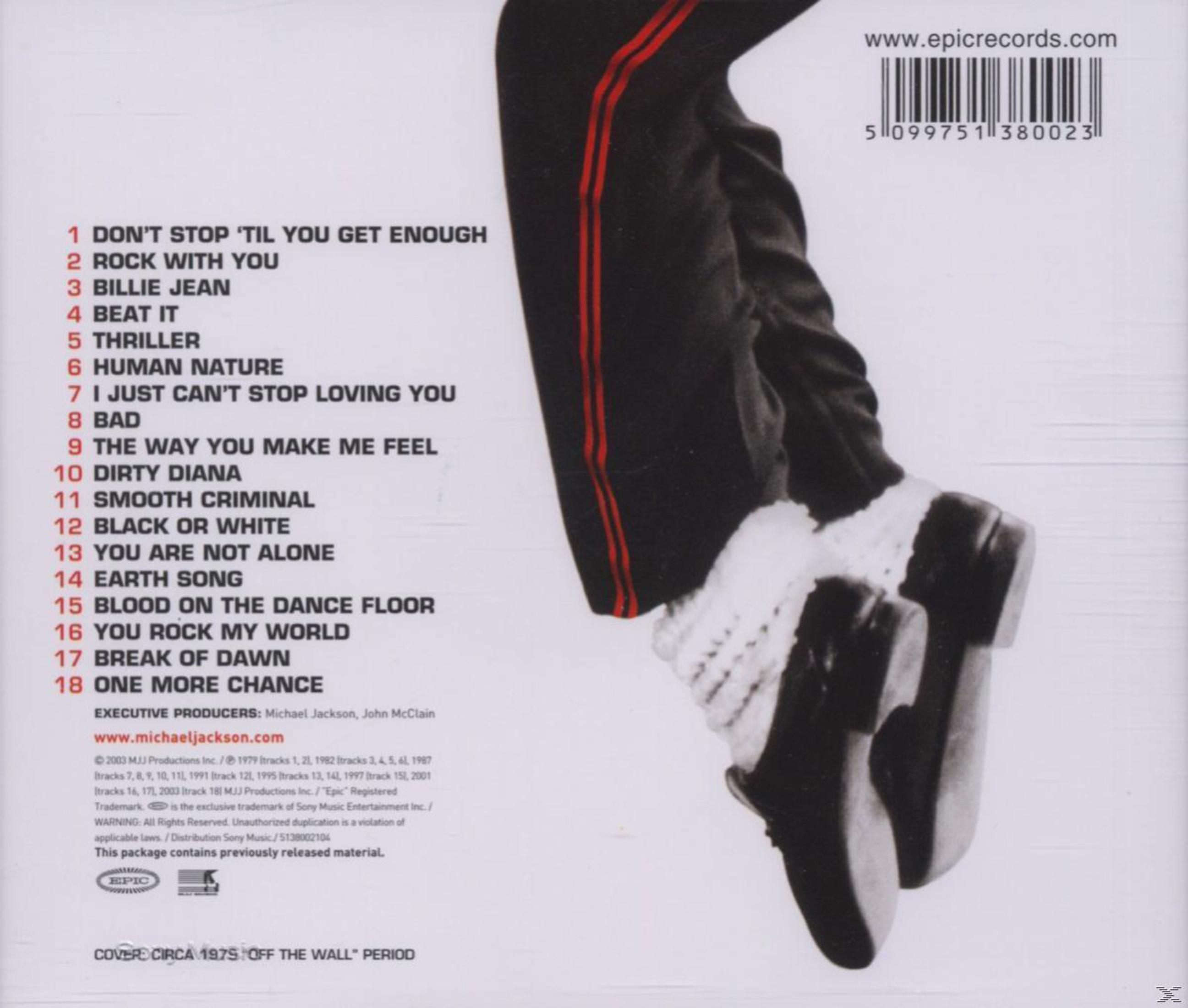 Copertina dell'album con elenco dei brani, Michael Jackson e le sue gambe, calzini bianchi e scarpe nere.