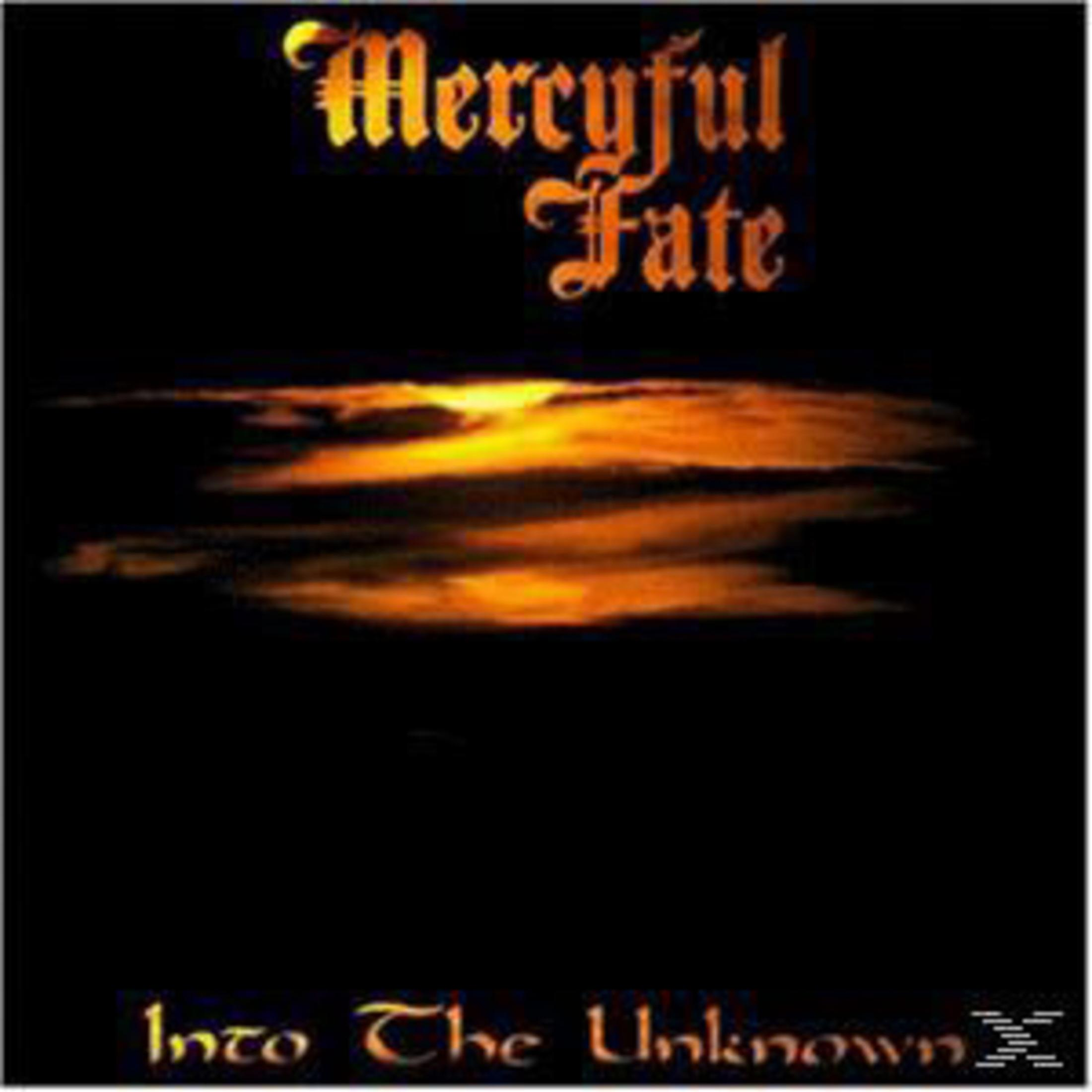 Pochette de l'album 'Into The Unknown' de Mercyful Fate. Fond sombre avec des nuages de feu et le nom du groupe.