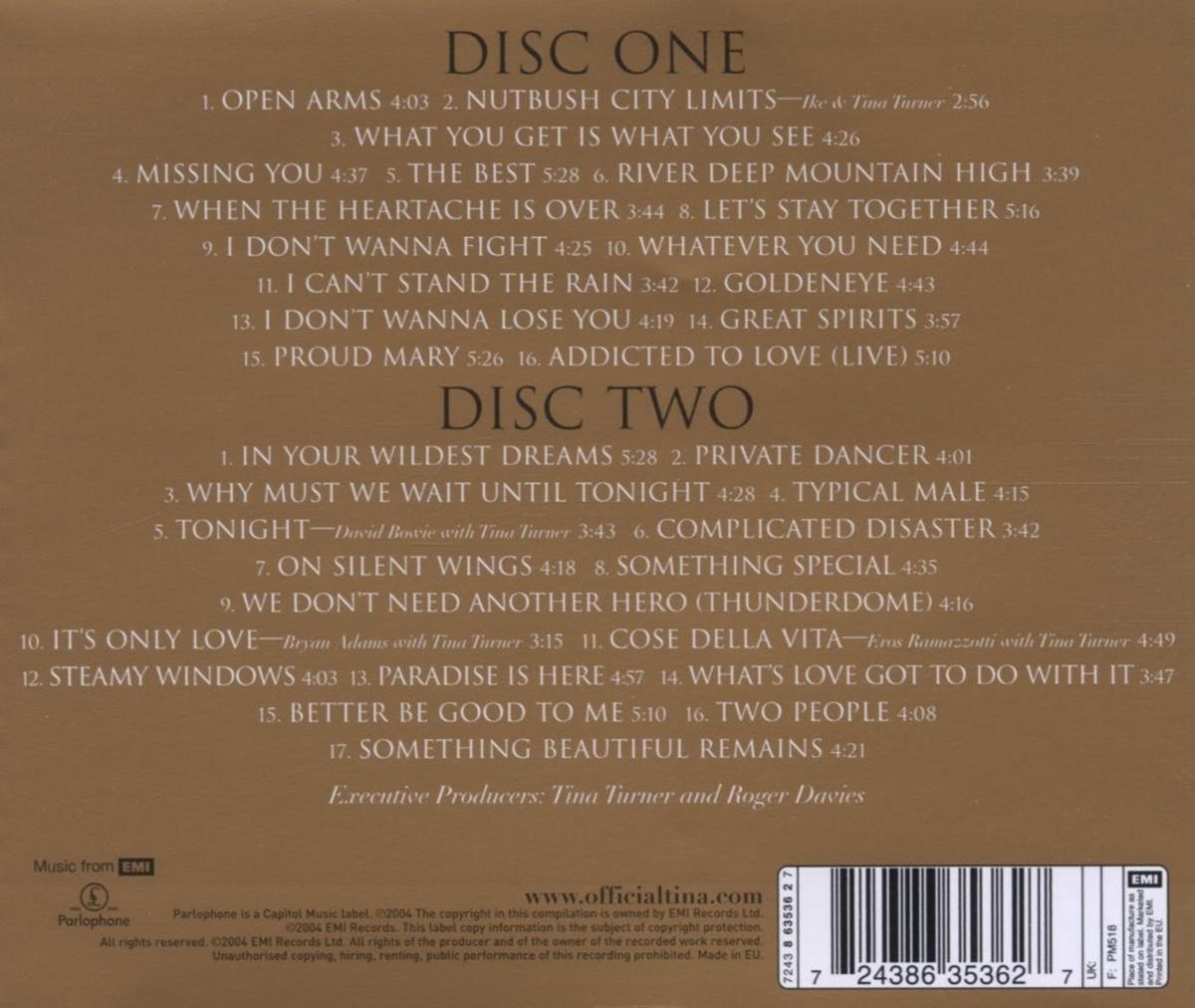 Elenco delle tracce di un CD di Tina Turner. Il disco uno e il disco due sono elencati con i titoli delle canzoni.