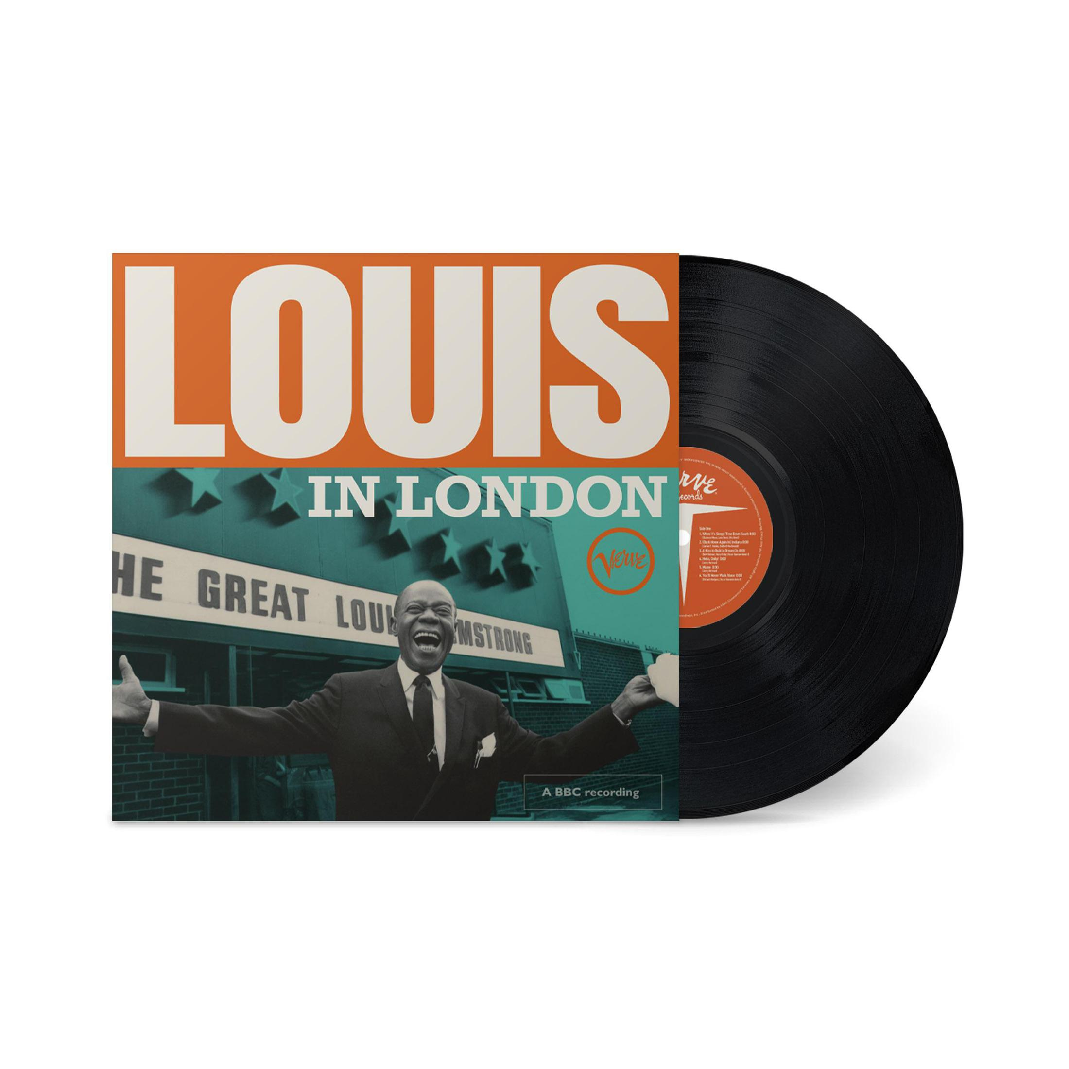 Portada del álbum: Louis Armstrong sonriendo, con un título naranja y azul y un disco de vinilo a la derecha.