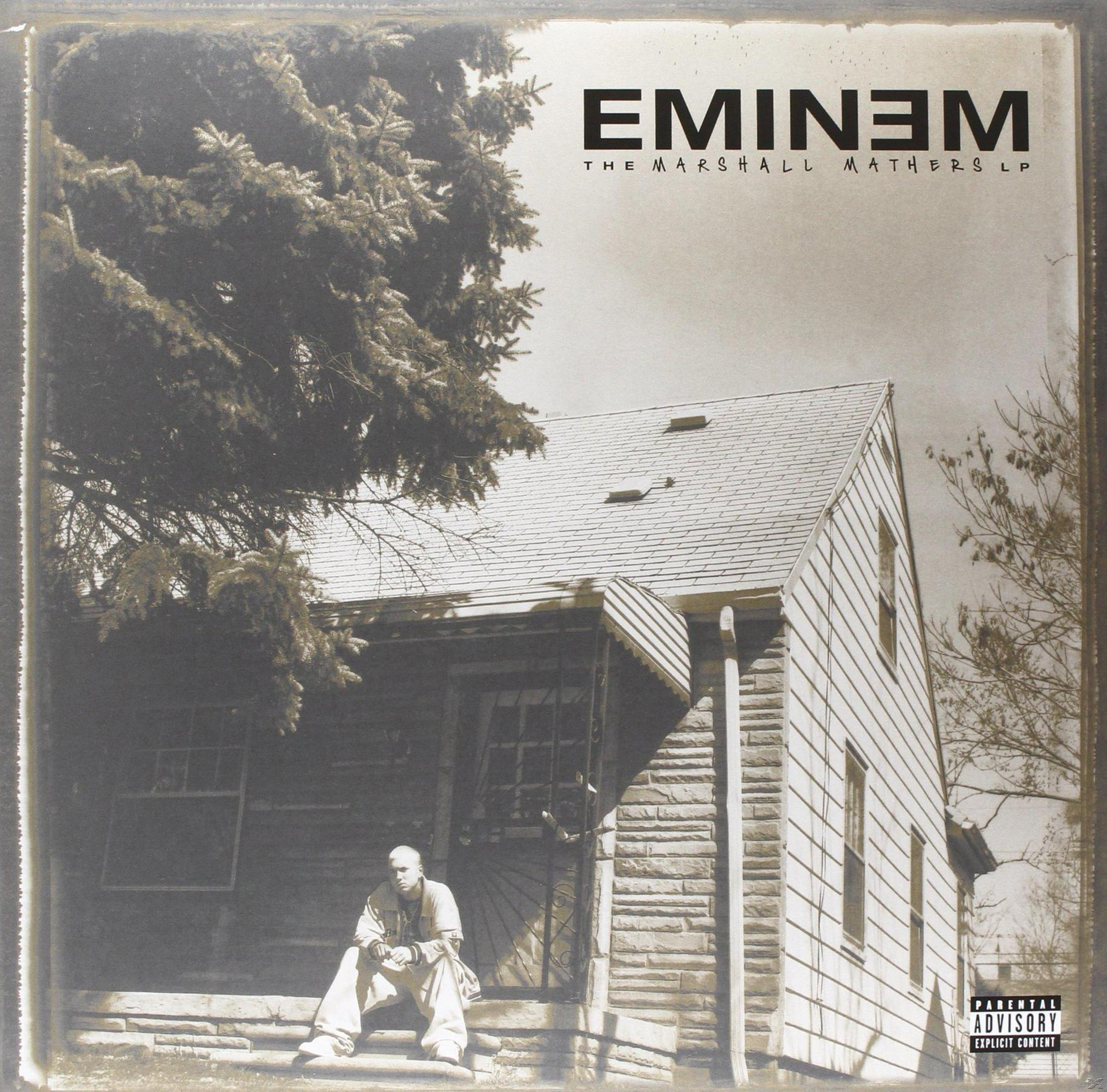 Eminem albumhoes, huis en man die op de treden zit, sepia tint.