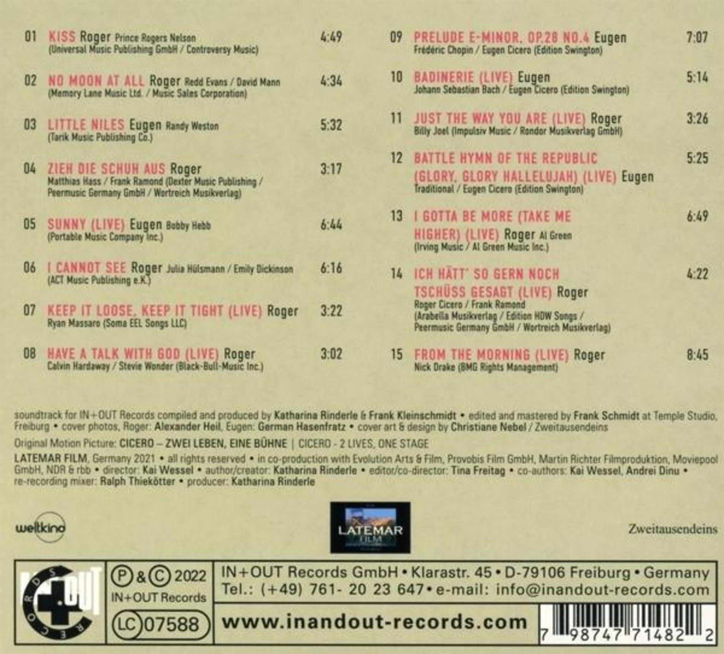 Album back cover with a tracklist and credits. Logos for IN+OUT Records and other organizations.