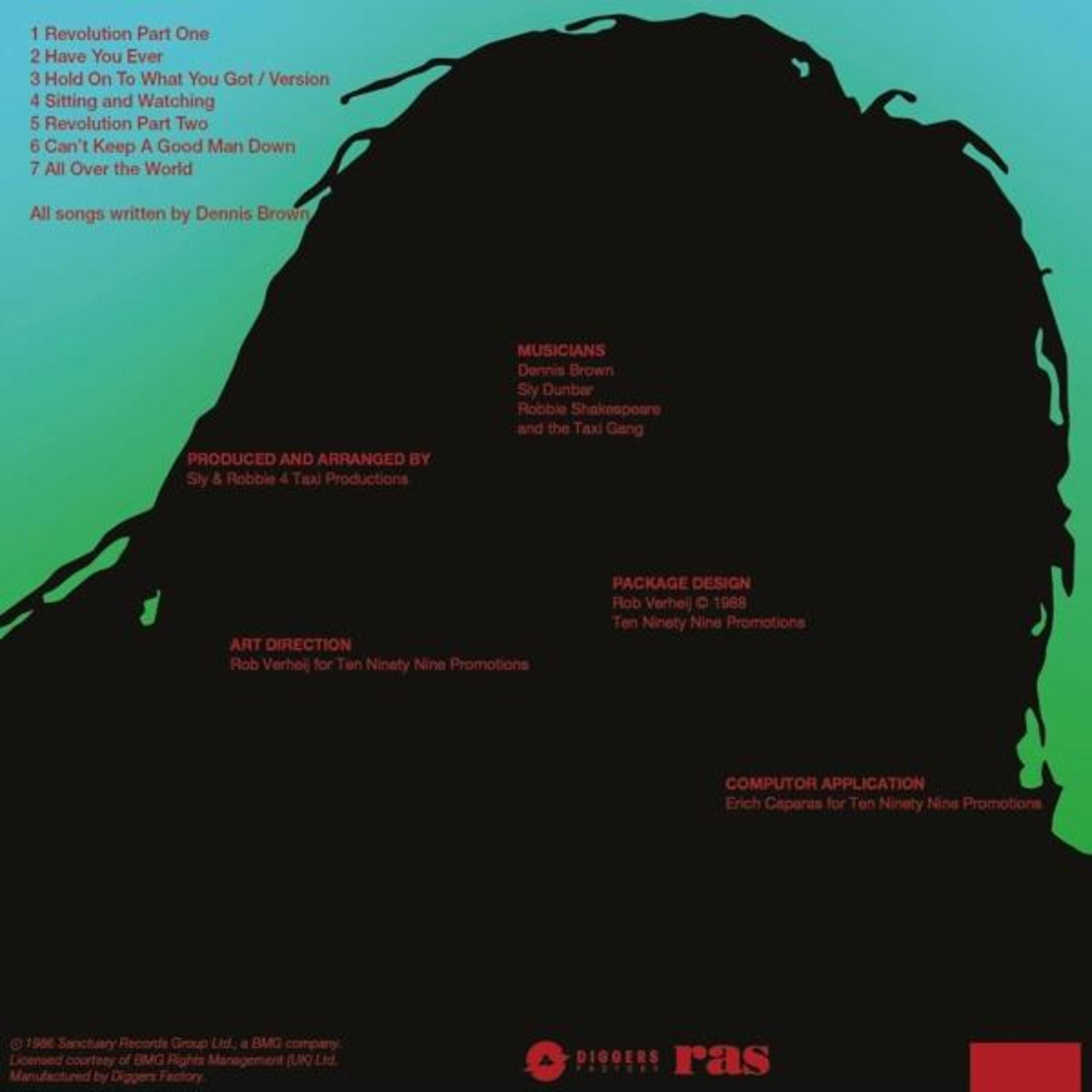 Retro di una copertina di un album con la silhouette di una persona. Il testo elenca canzoni, musicisti e crediti. Verde e blu.