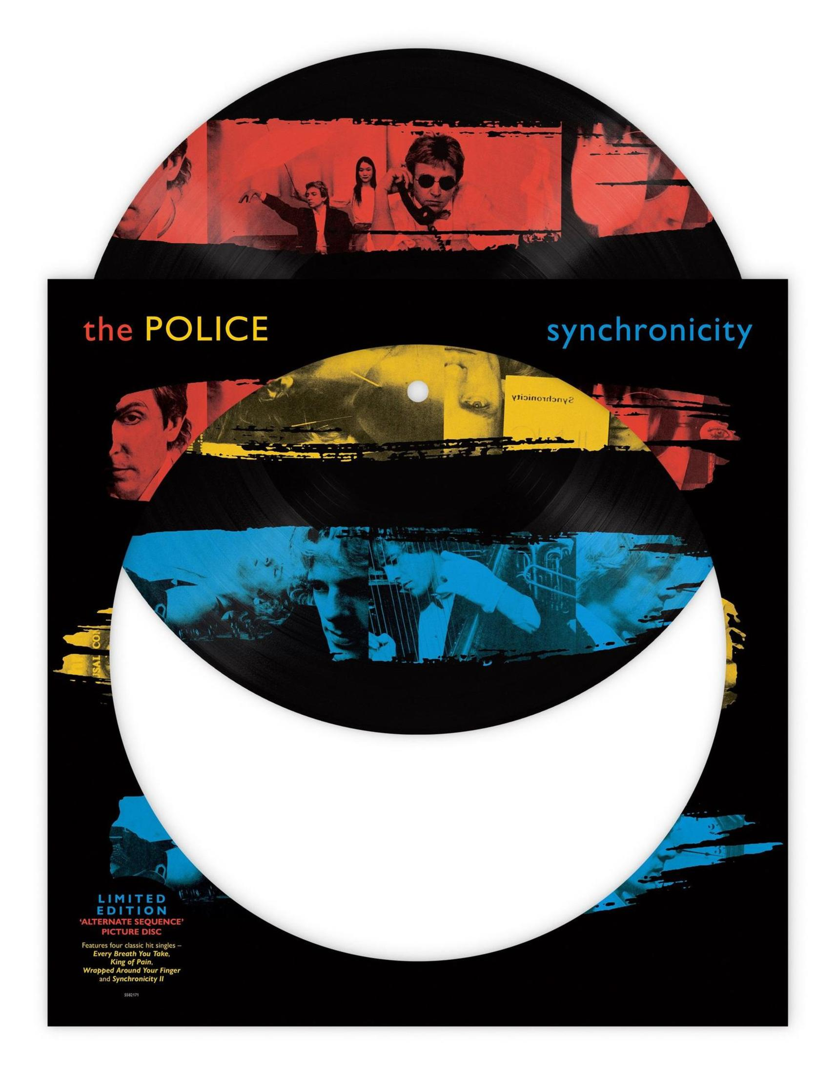 Portada del álbum. Disco de vinilo negro con el logotipo de The Police y imágenes de los miembros de la banda. Título: Synchronicity.