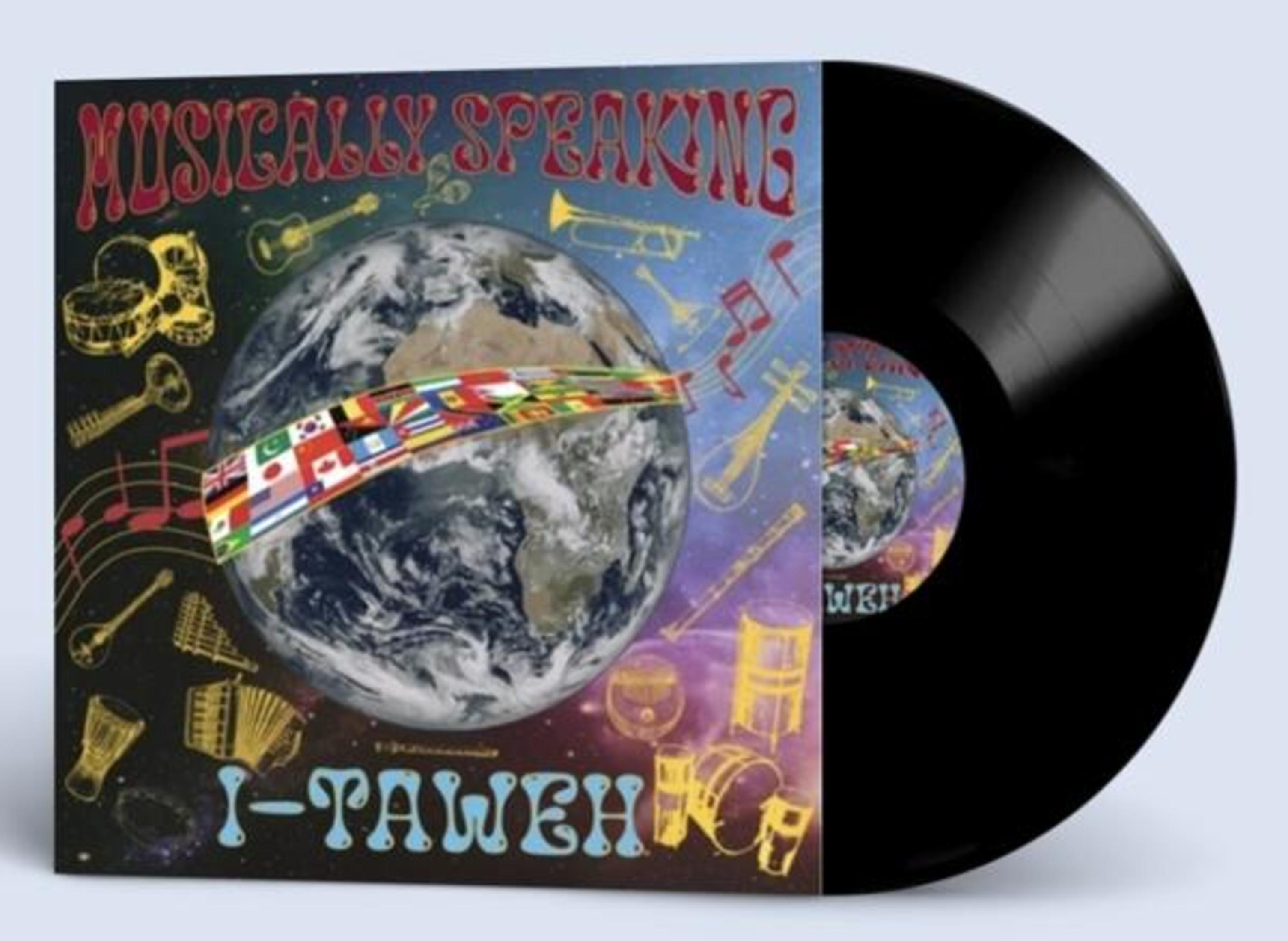 Copertina dell'album: Terra con bandiere, note musicali e strumenti, con album in vinile a destra.