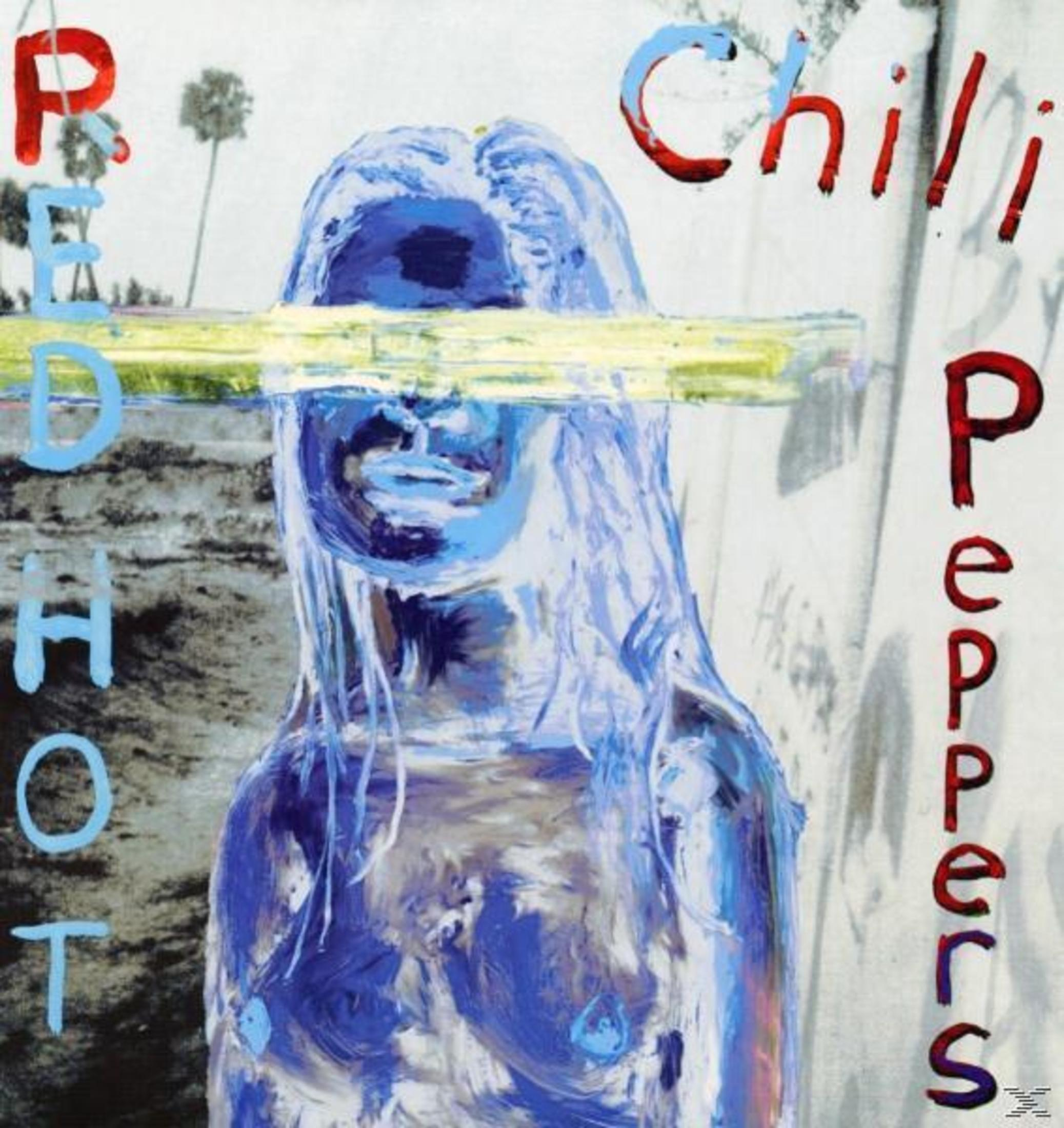 Albumhoes met het gezicht van een blauwe vrouw, de titel "Red Hot Chili Peppers" en een gele balk.