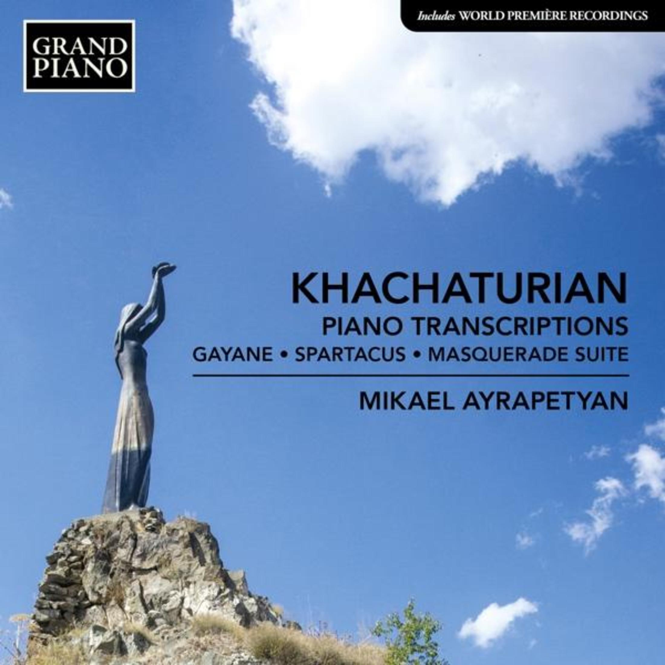 Albumhoes met standbeeld, lucht en tekst, met de albumtitel 'Khachaturian'.
