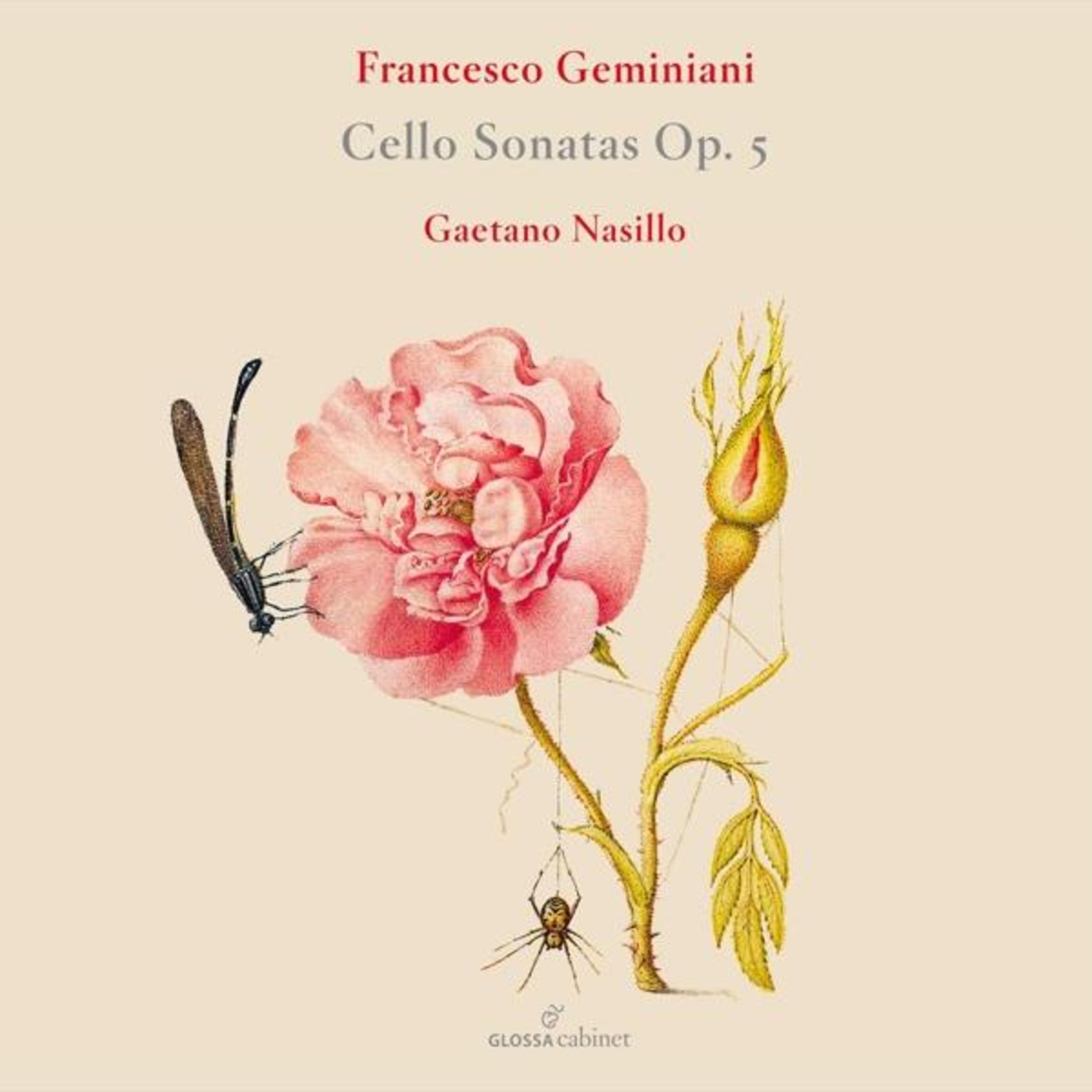 Copertina dell'album: fiore rosa, libellula, ragno e testo 'Francesco Geminiani'.