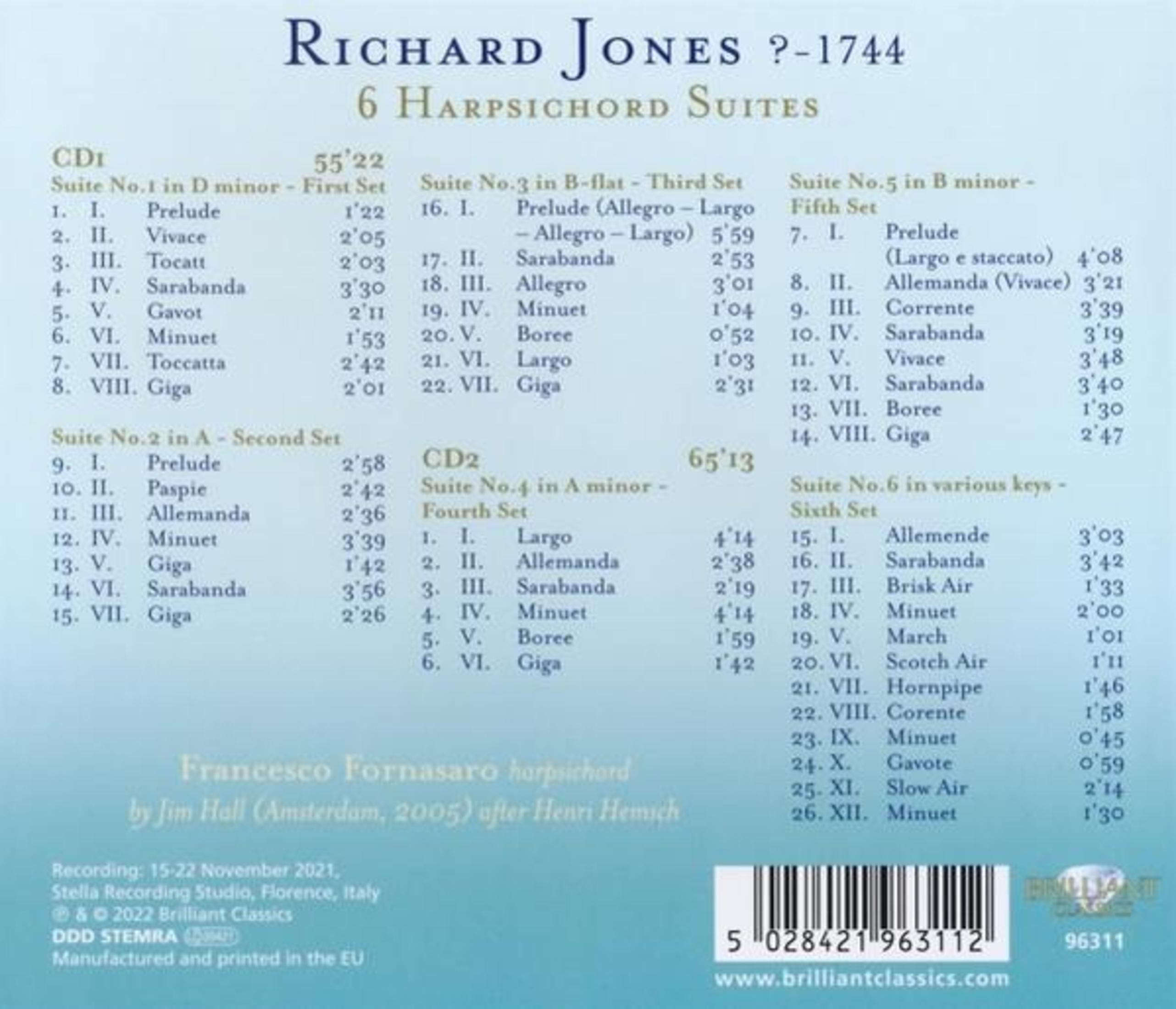 Bladmuziek met tekst. Het is een compilatie van klavecimbel suites van Richard Jones.