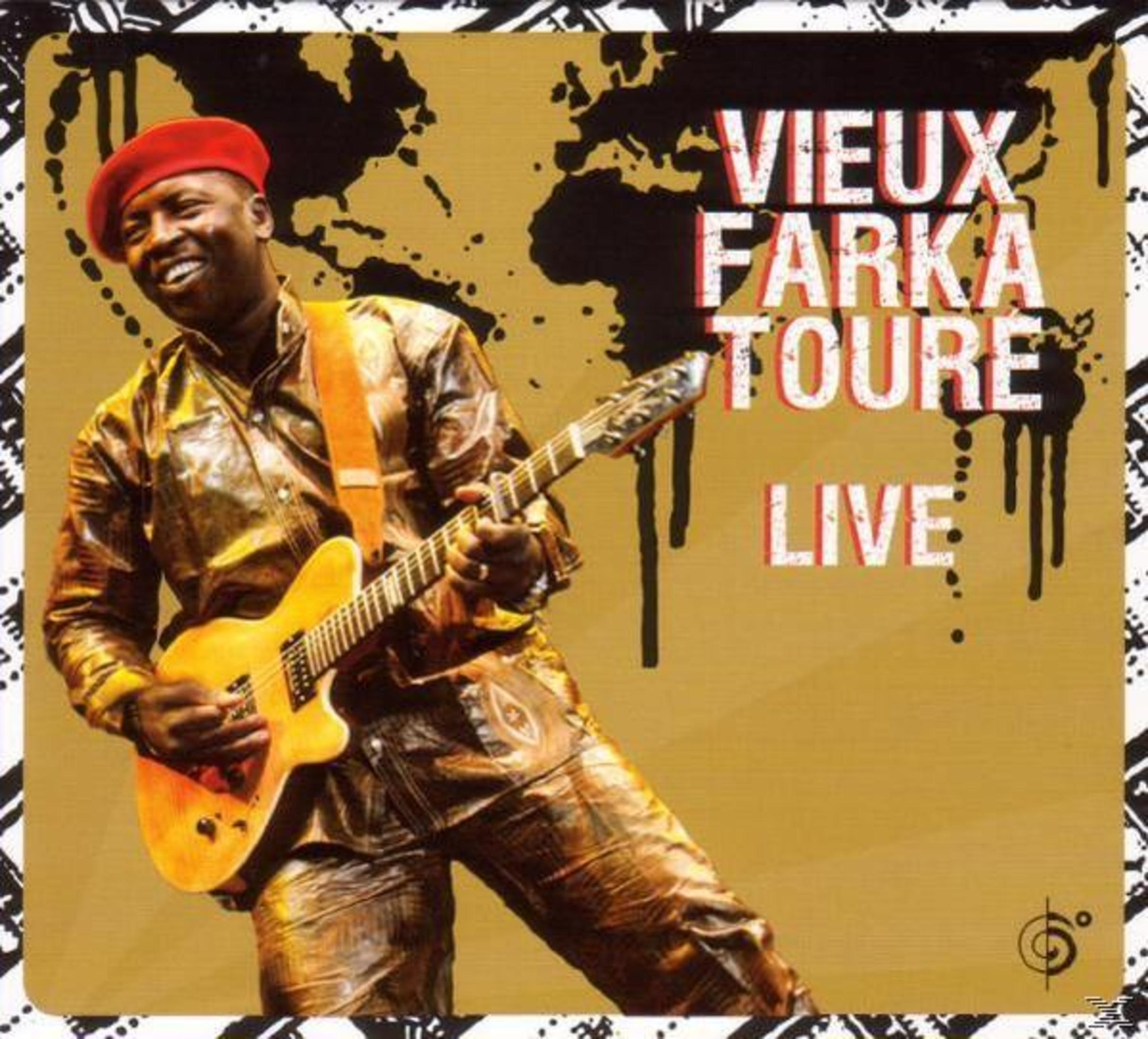 Albumhoes met Vieux Farka Touré met gitaar, lachend, met 'Live'-tekst.