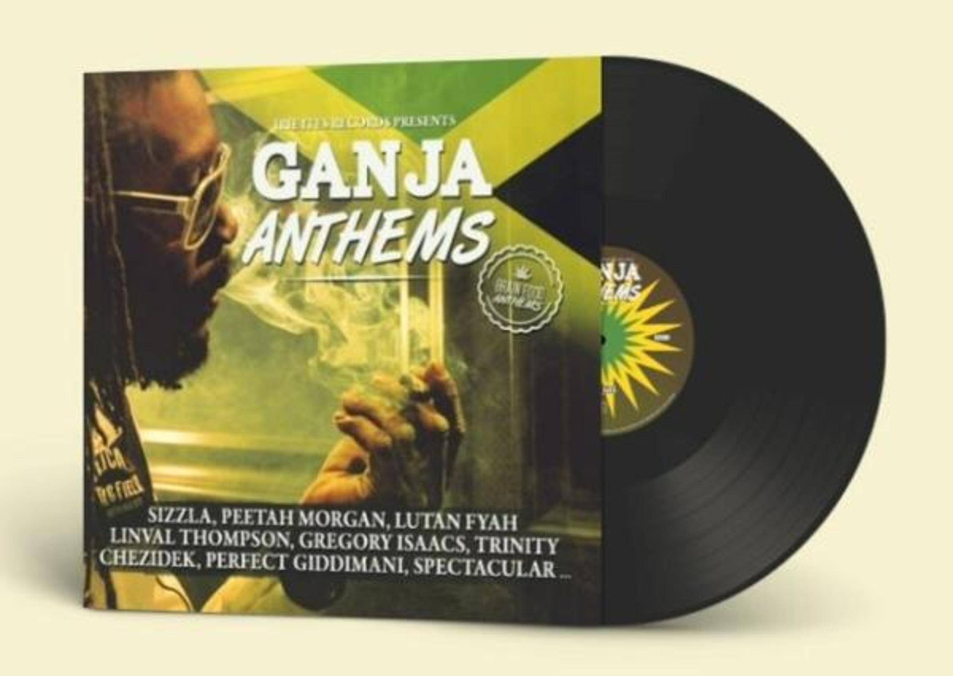 Copertina dell'album di una persona che fuma, con testo 'GANJA ANTHEMS' e un disco in vinile nero.