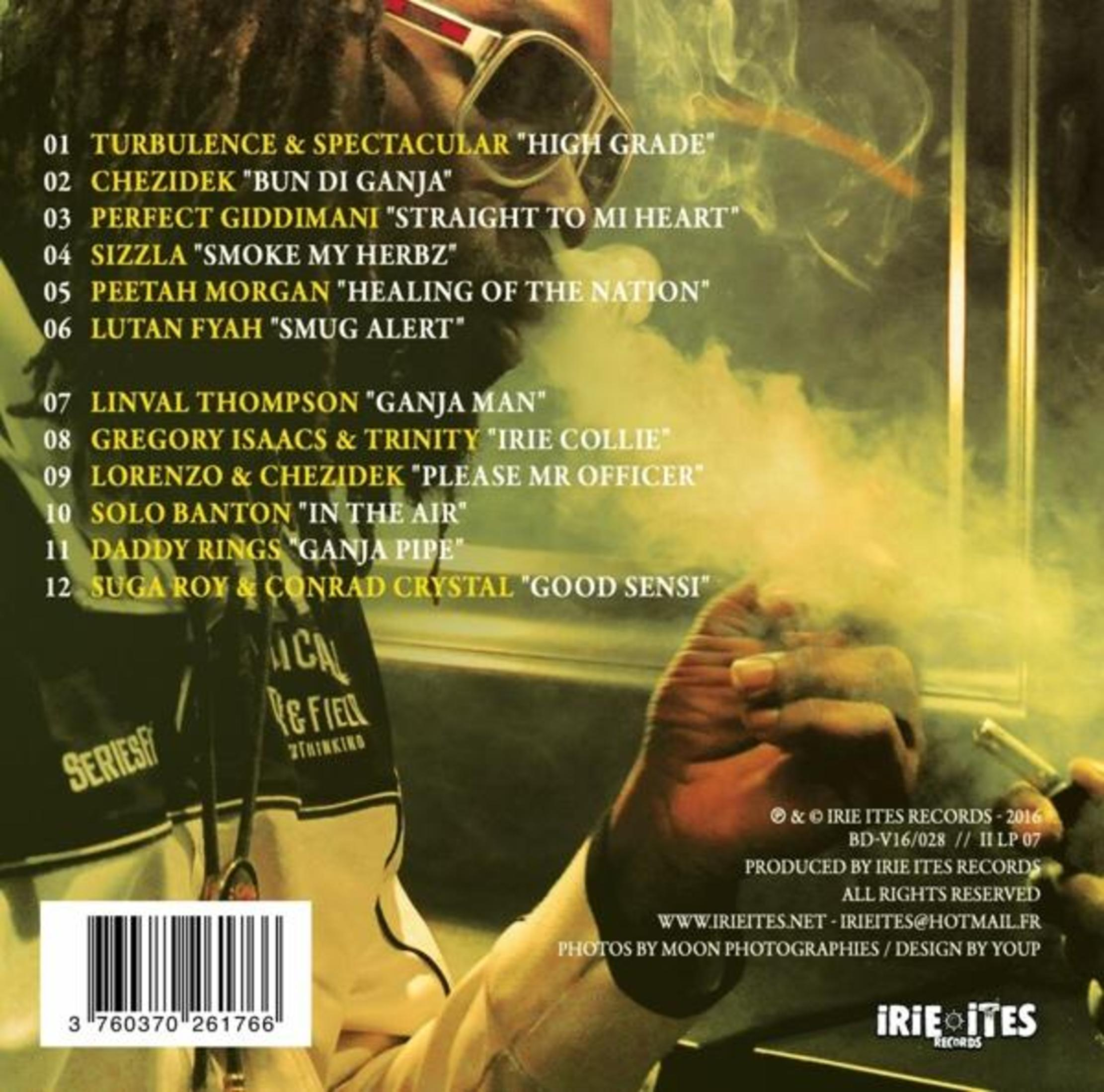 Retro copertina dell'album con tracklist, un uomo che fuma. Logo Irie Ites Records visibile.