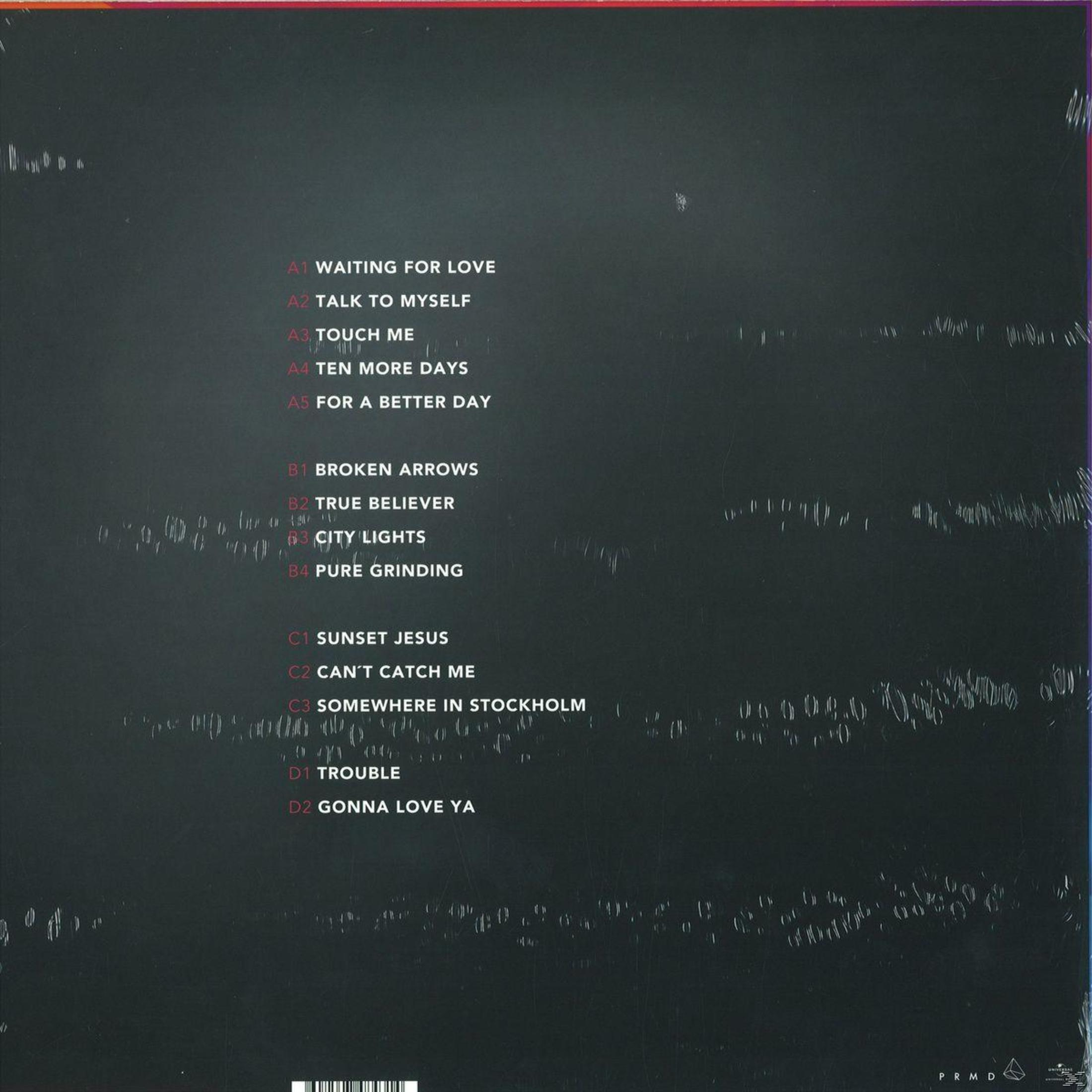 Contraportada del álbum con títulos de canciones, varios colores y un fondo oscuro. Se enumera la lista de pistas A1-D2.
